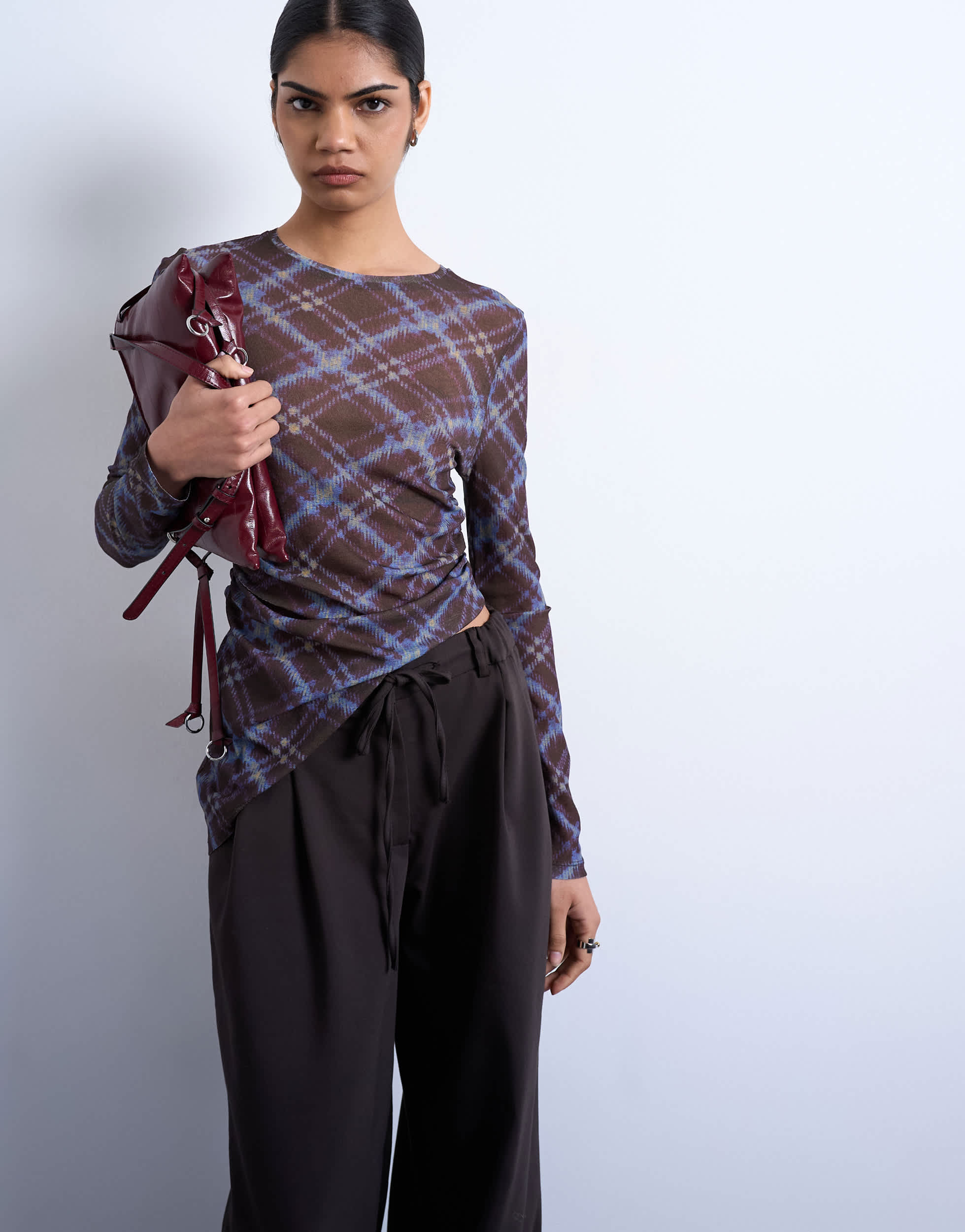 Topshop check print asymmetric long sleeve top in multi