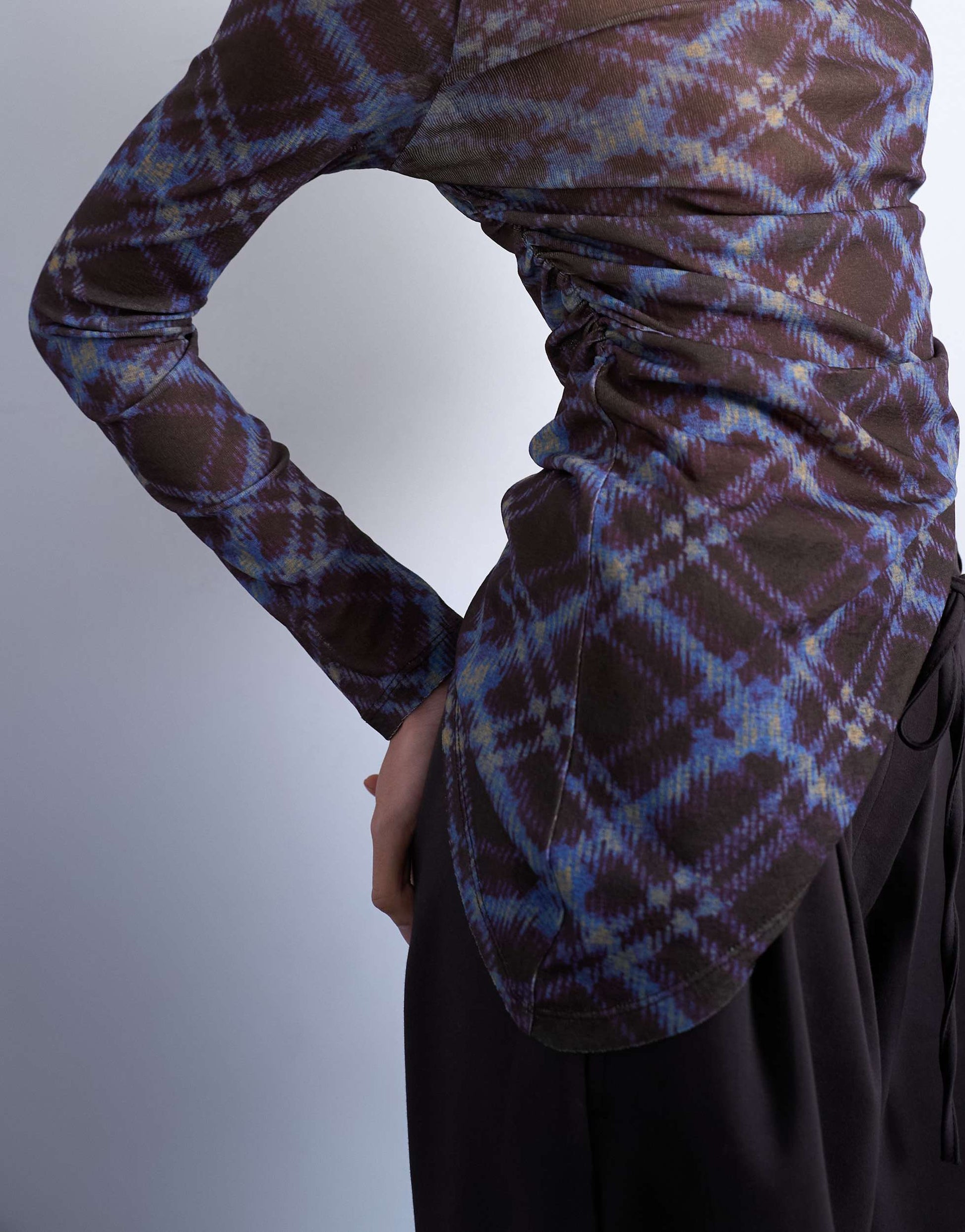 Topshop check print asymmetric long sleeve top in multi