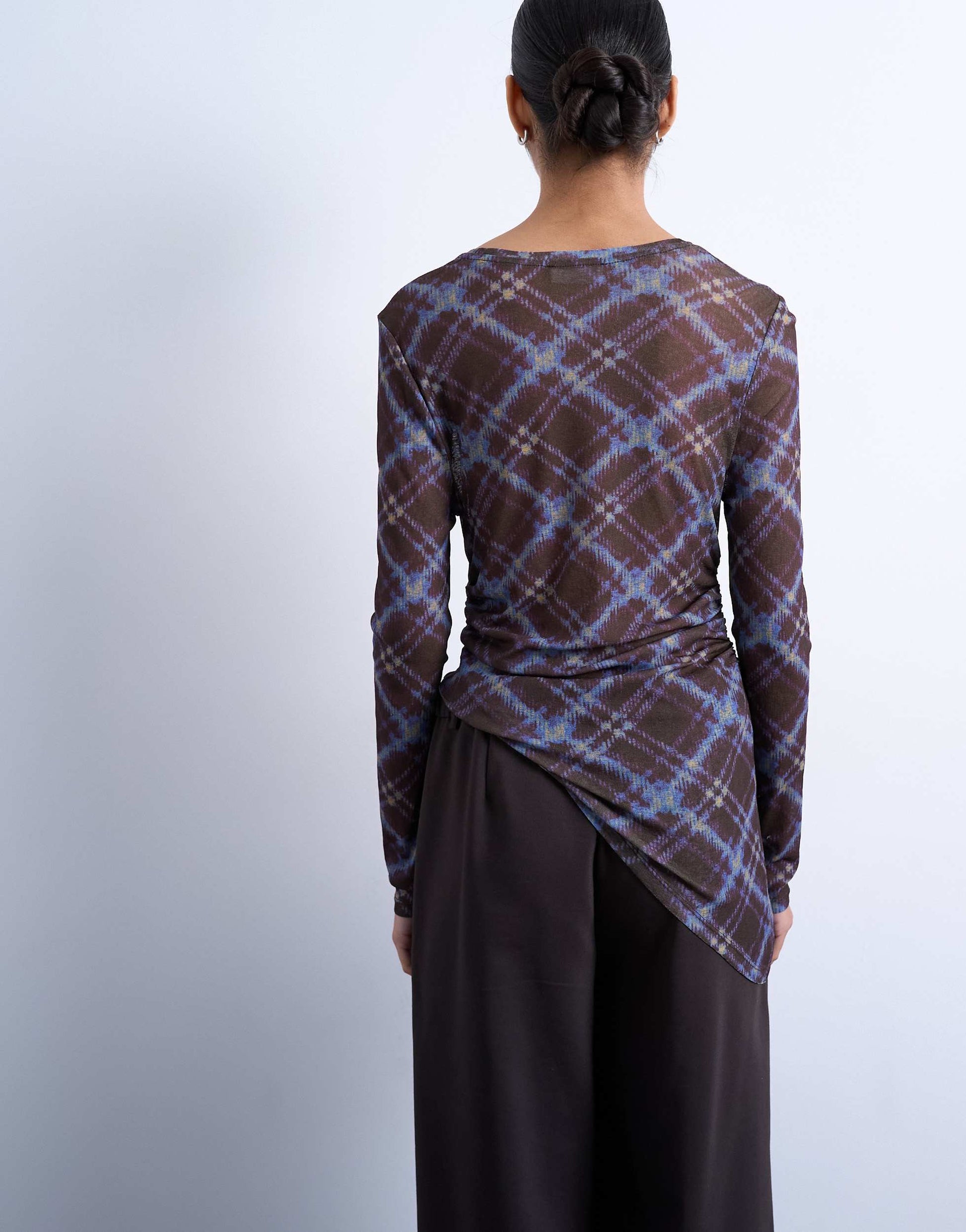 Topshop check print asymmetric long sleeve top in multi