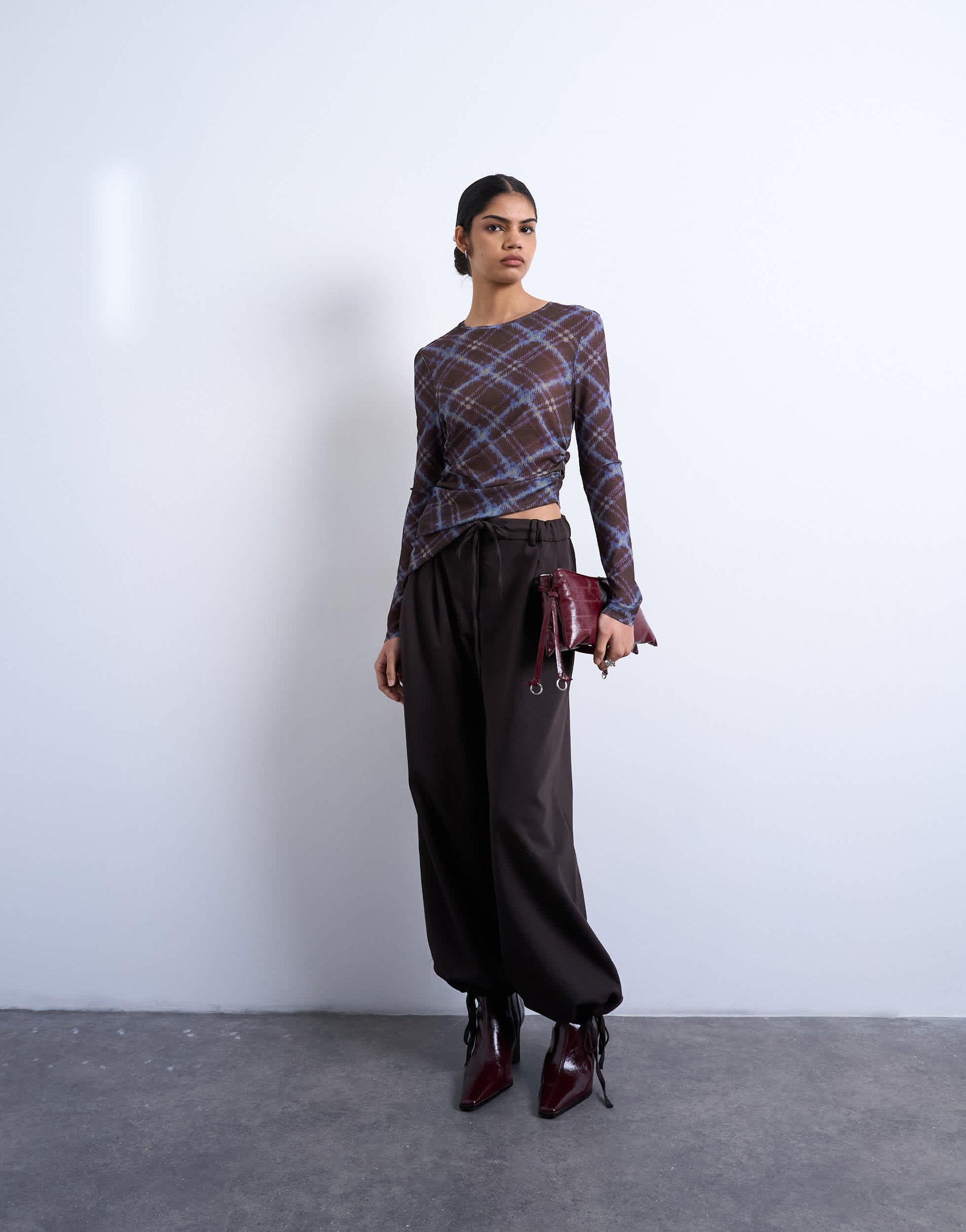 Topshop check print asymmetric long sleeve top in multi