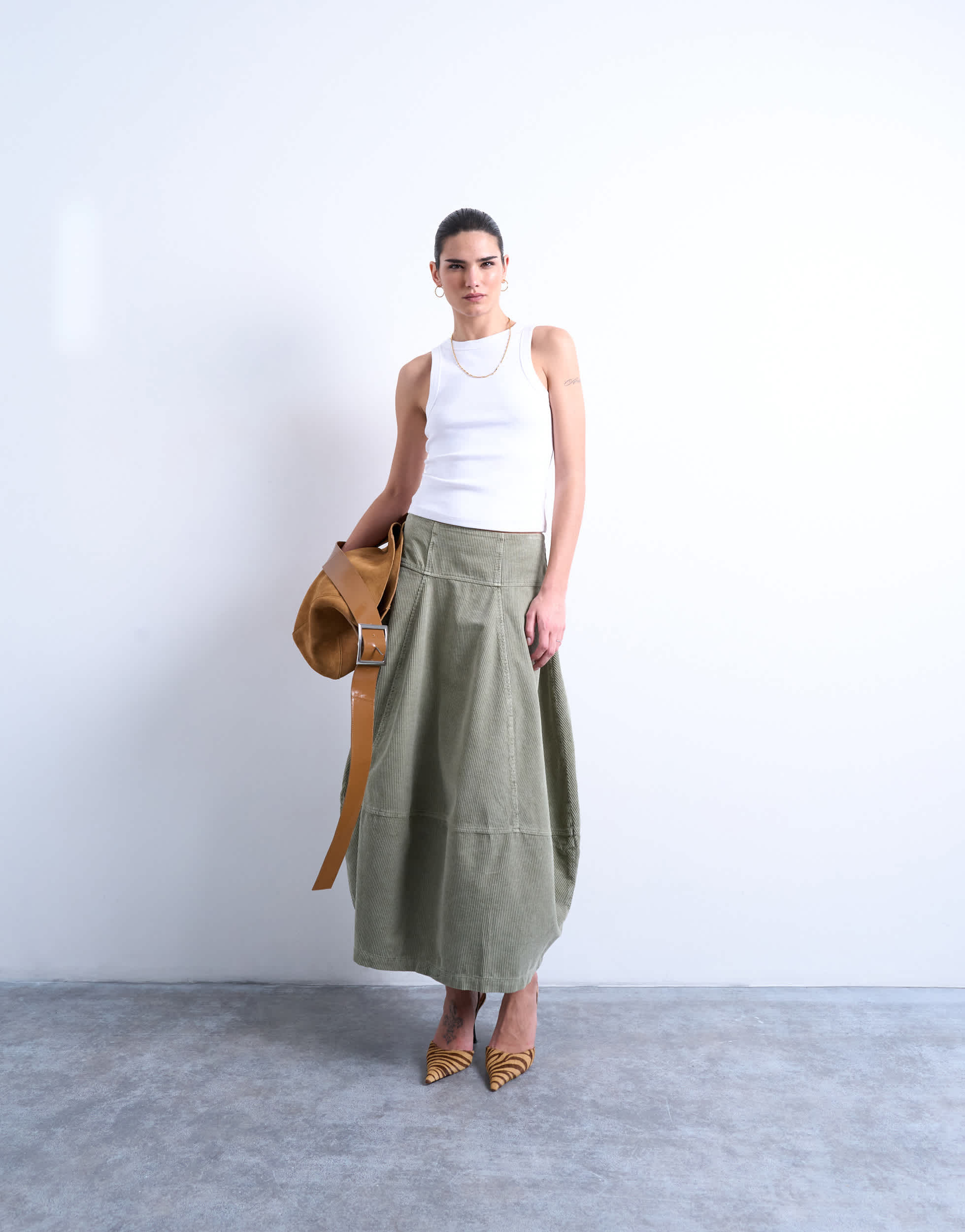 Topshop seamed barrel maxi skirt in sage cord