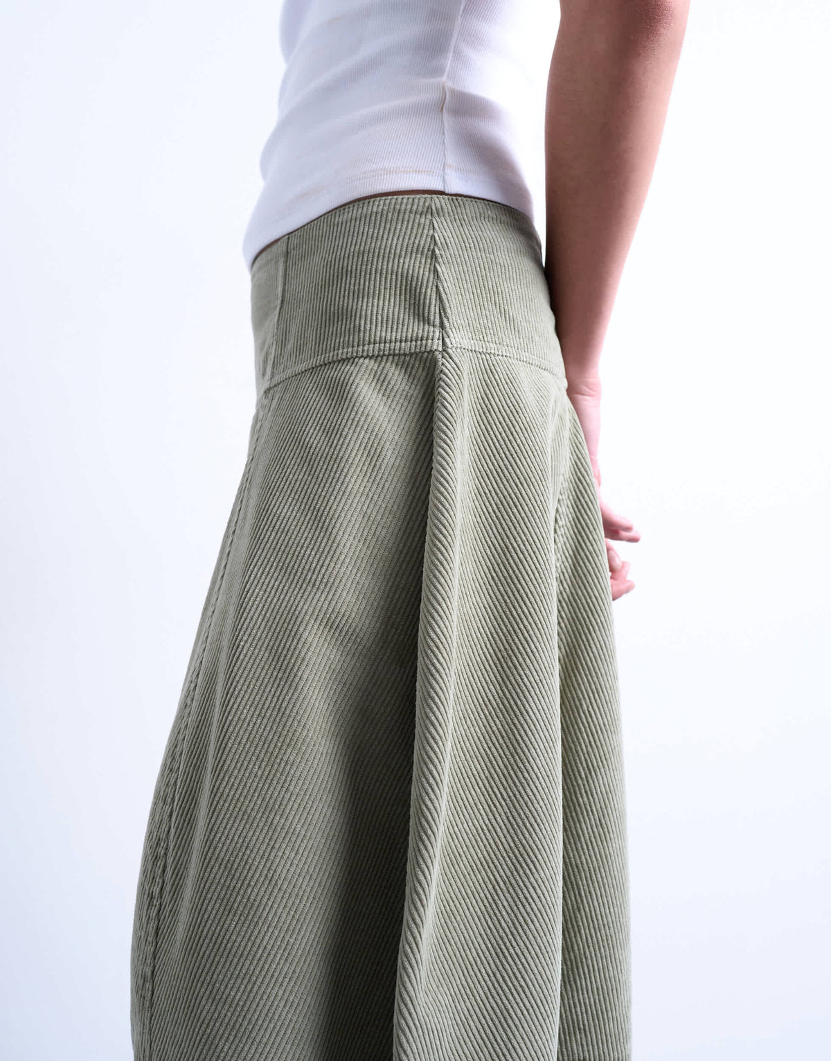 Topshop seamed barrel maxi skirt in sage cord