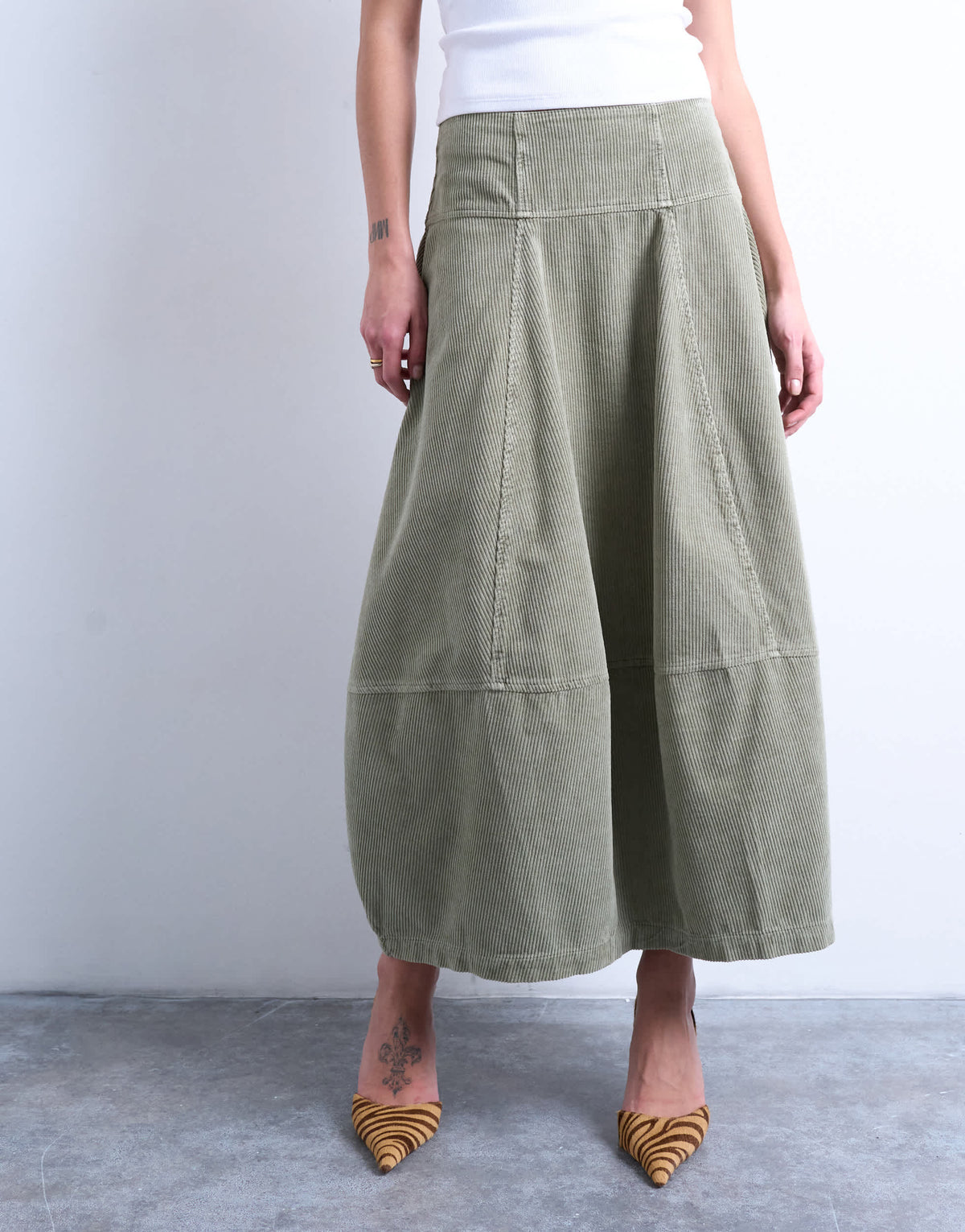 Topshop seamed barrel maxi skirt in sage cord