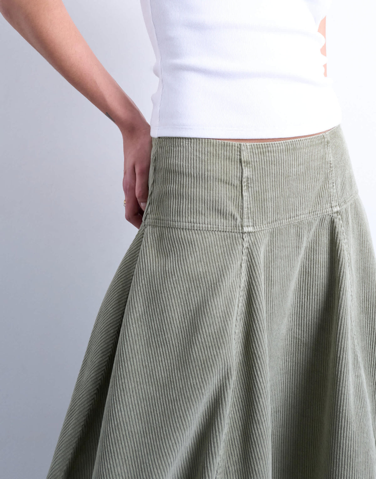 Topshop seamed barrel maxi skirt in sage cord