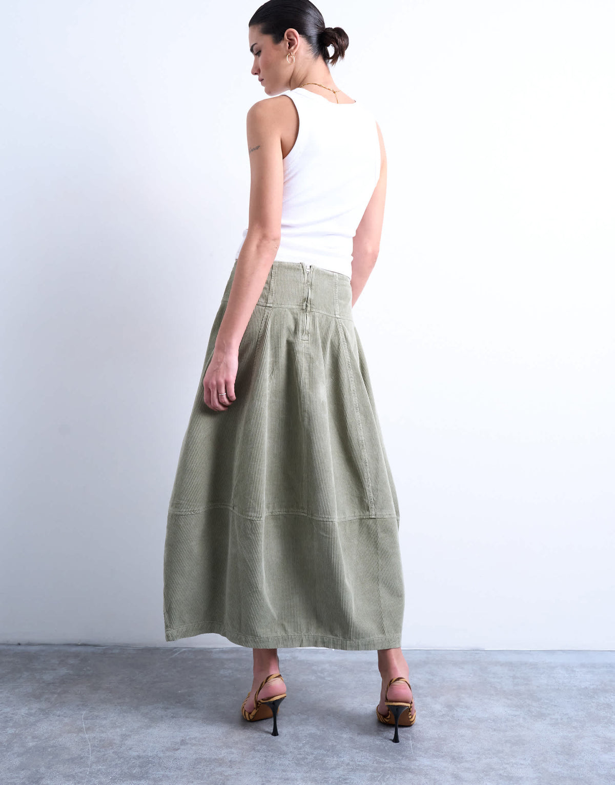 Topshop seamed barrel maxi skirt in sage cord