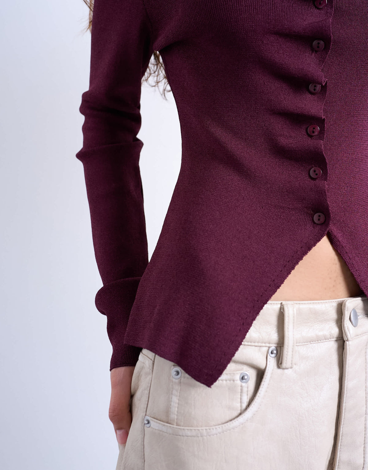 Topshop knitted ruffle button long sleeve top in plum purple