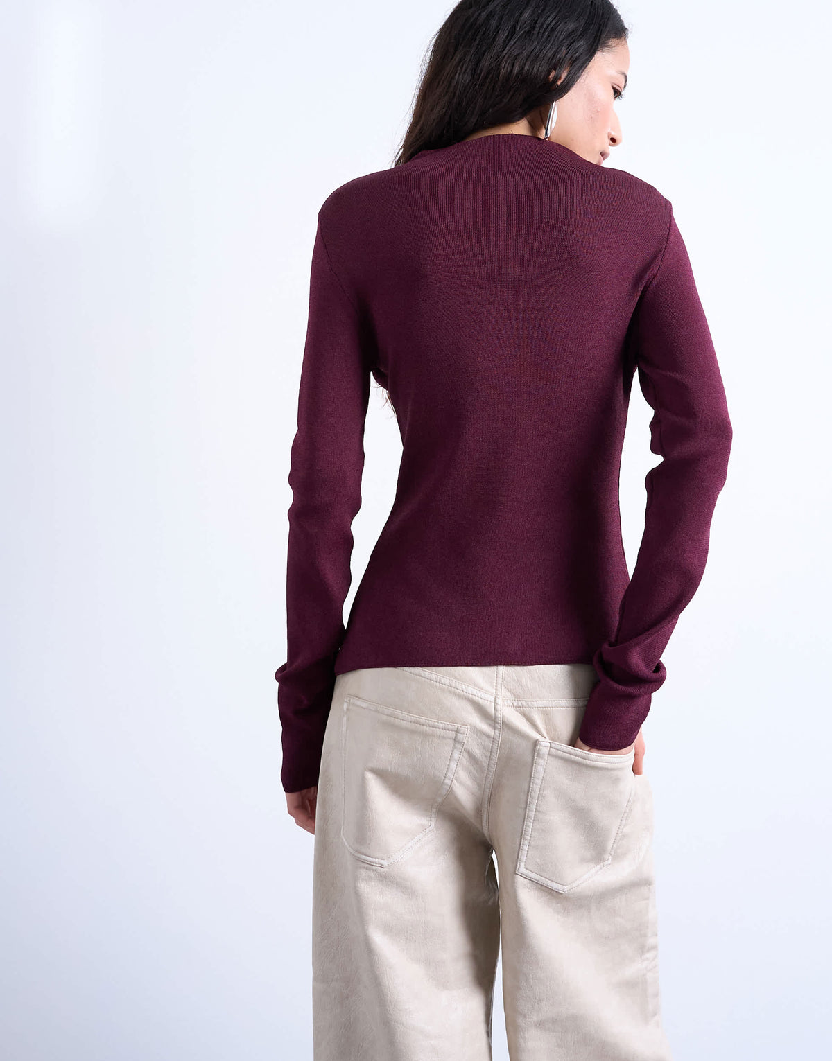 Topshop knitted ruffle button long sleeve top in plum purple