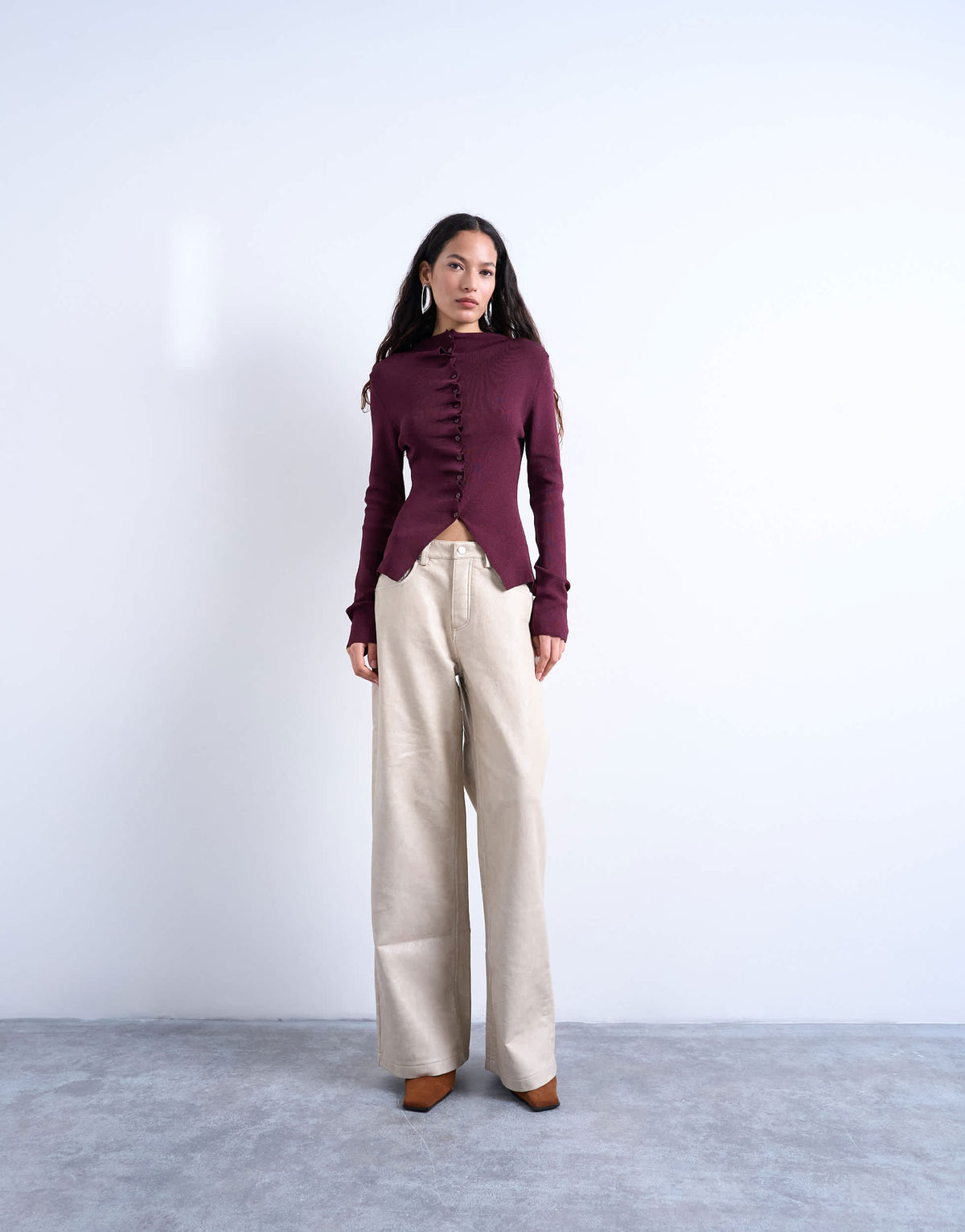 Topshop knitted ruffle button long sleeve top in plum purple