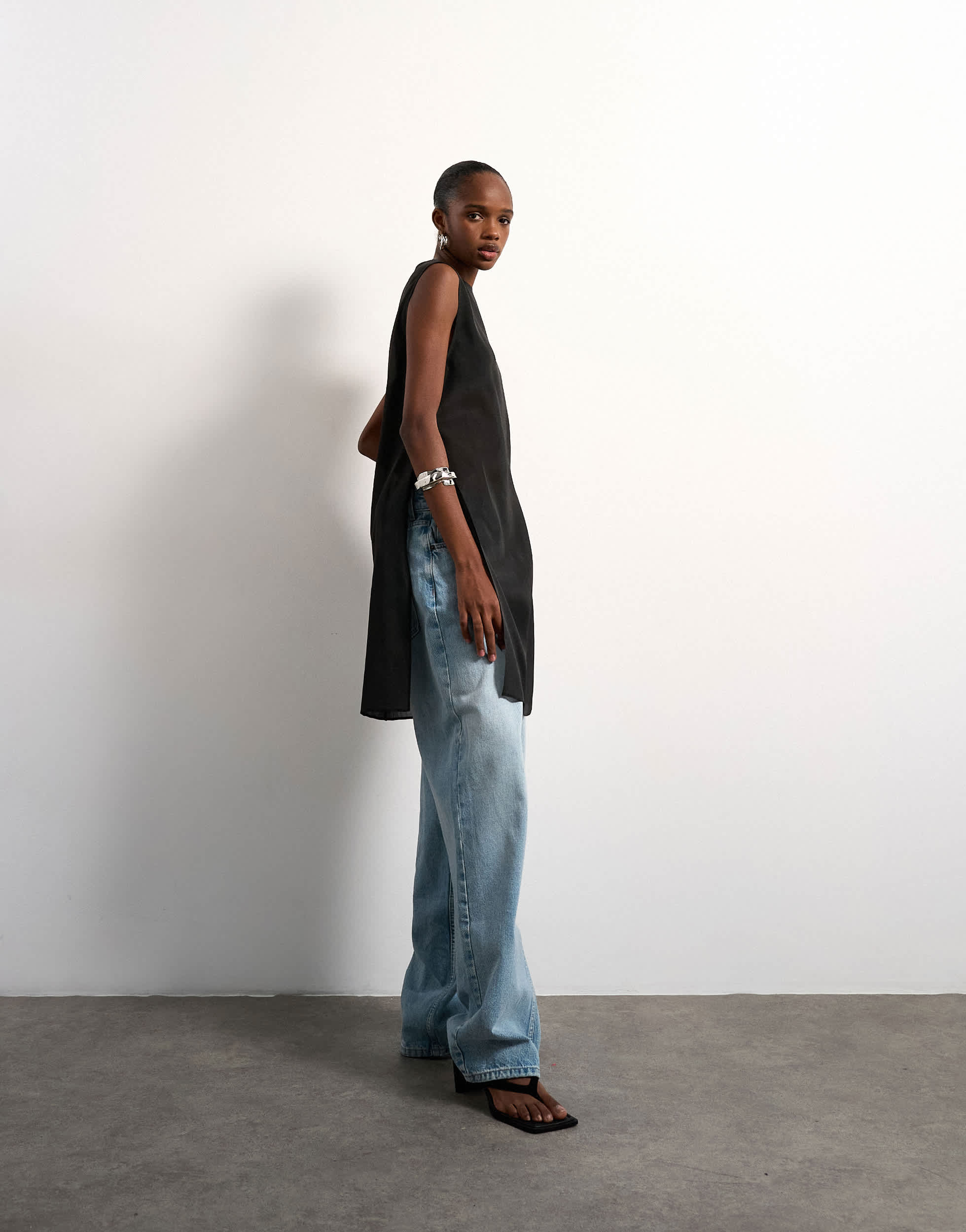 Topshop longline sheer organza tunic in black