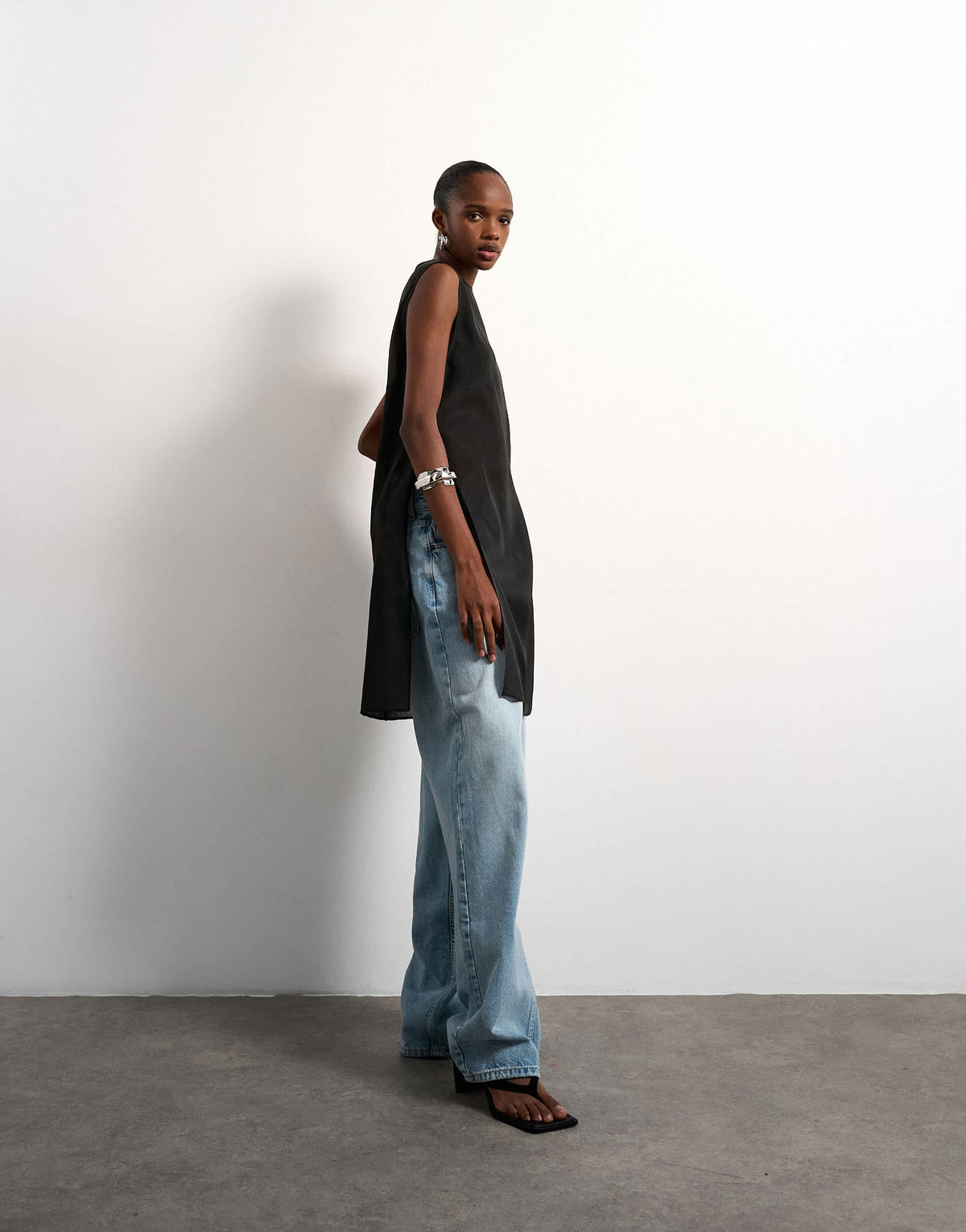 Topshop longline sheer organza tunic in black