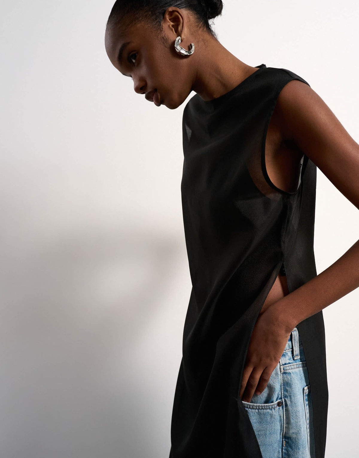 Topshop longline sheer organza tunic in black