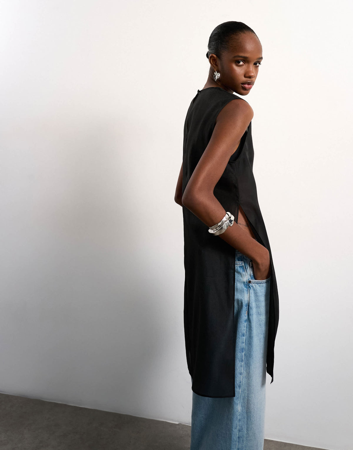 Topshop longline sheer organza tunic in black