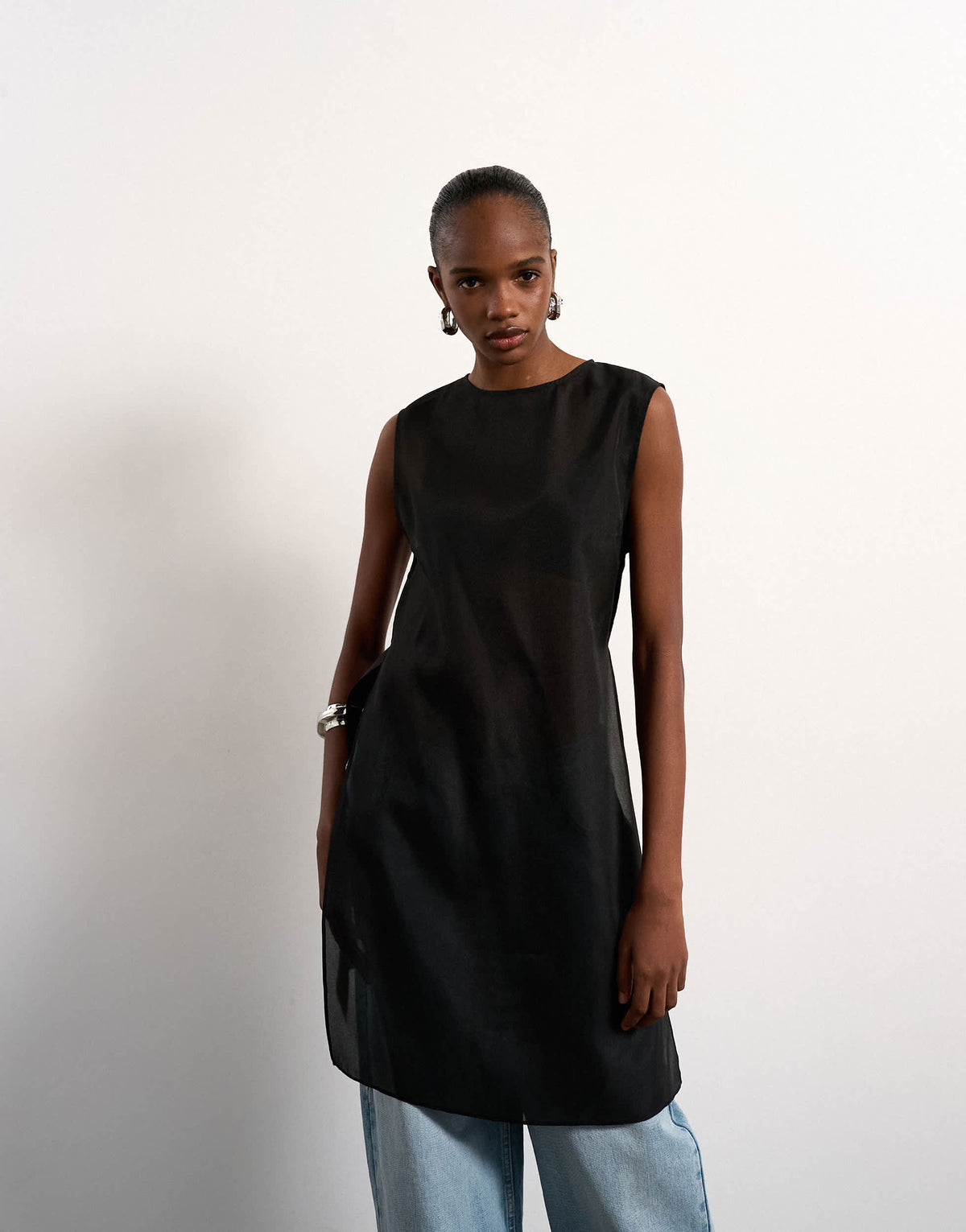 Topshop longline sheer organza tunic in black