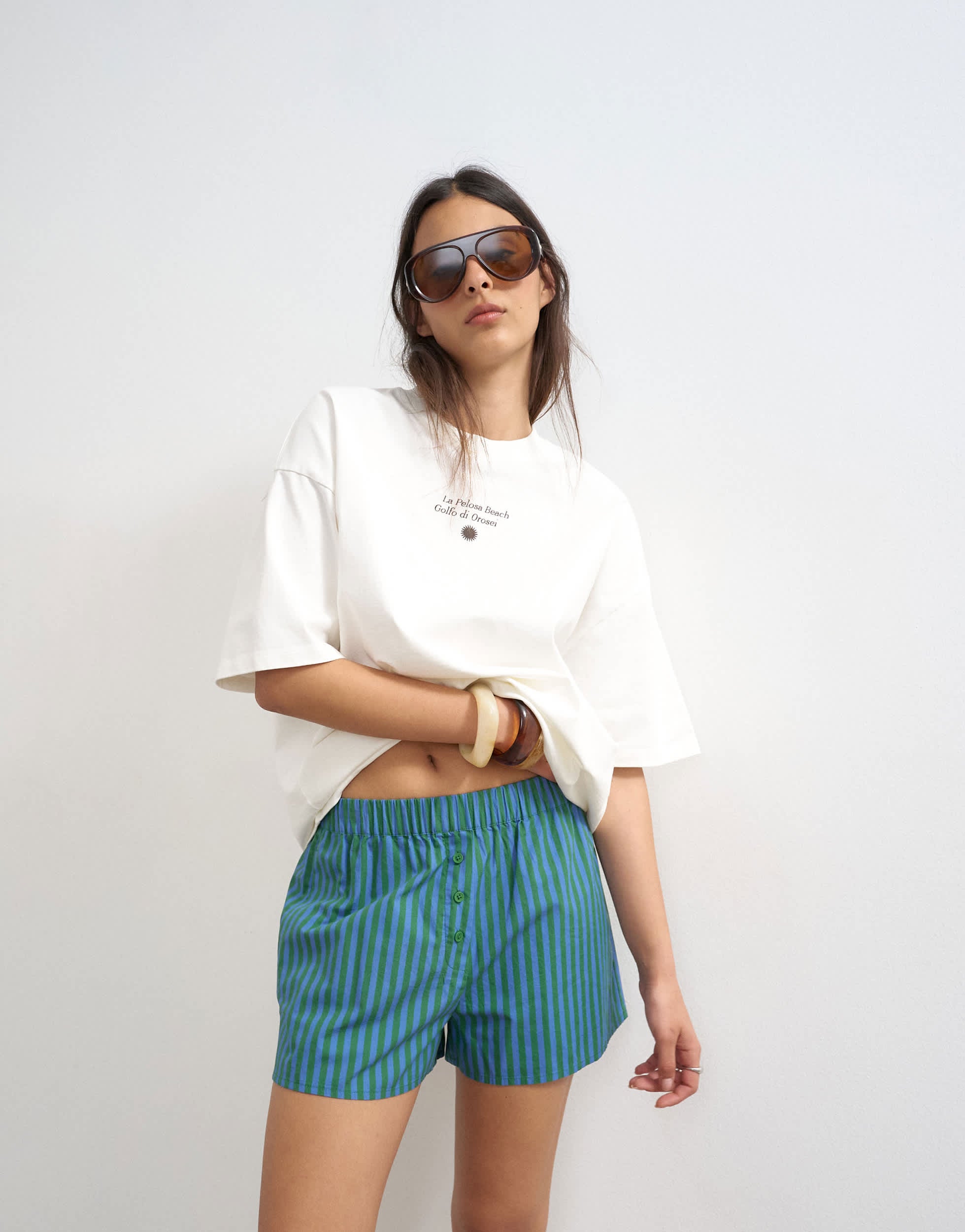 Topshop poplin stripe A line boxer short in blue and green stripe