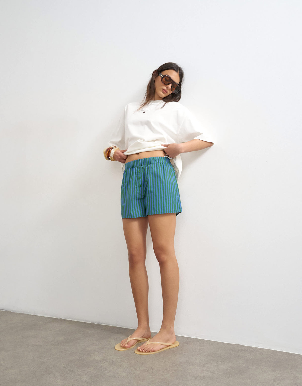 Topshop poplin stripe A line boxer short in blue and green stripe