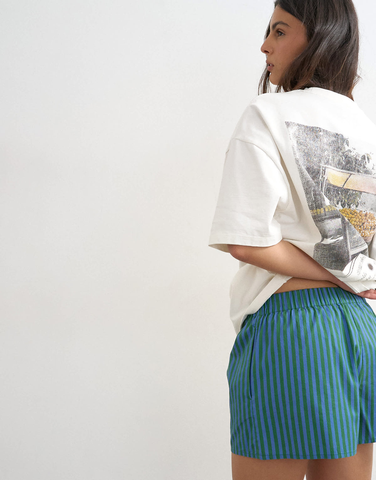 Topshop poplin stripe A line boxer short in blue and green stripe