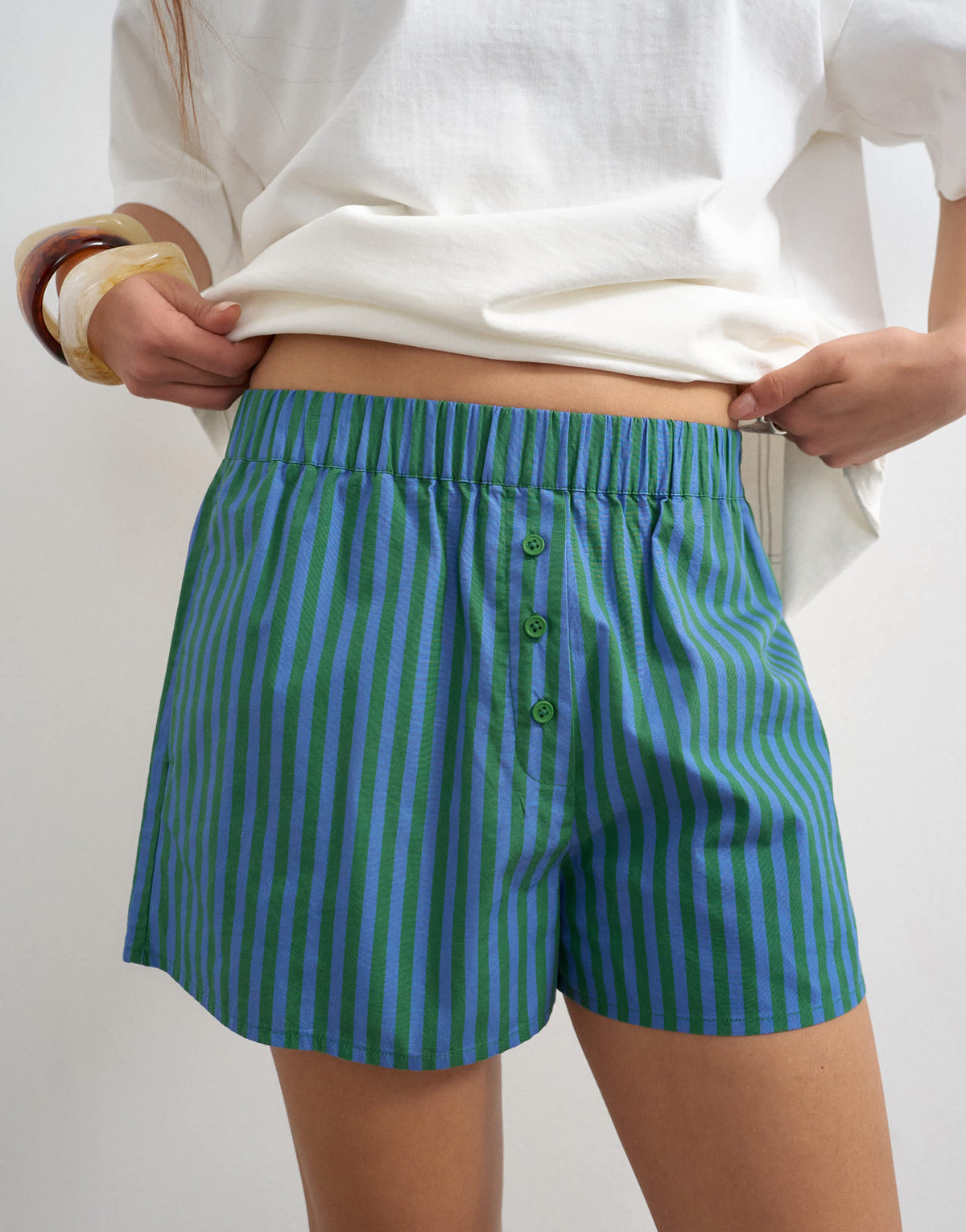 Topshop poplin stripe A line boxer short in blue and green stripe