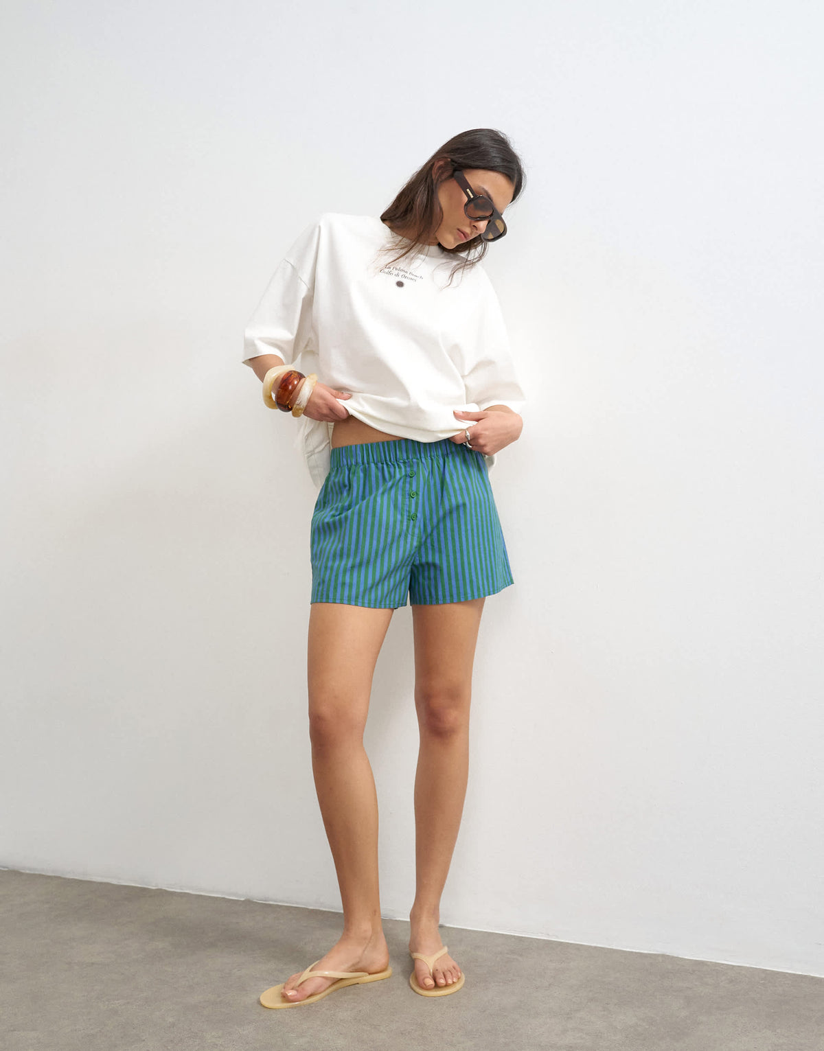 Topshop poplin stripe A line boxer short in blue and green stripe
