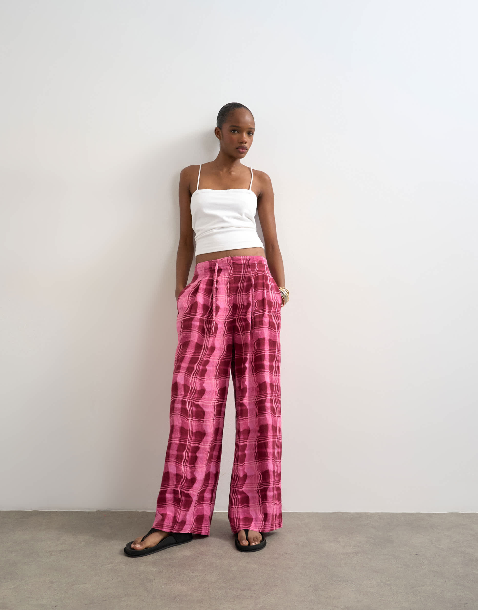 Topshop linen balloon trouser with tie waist in pink check