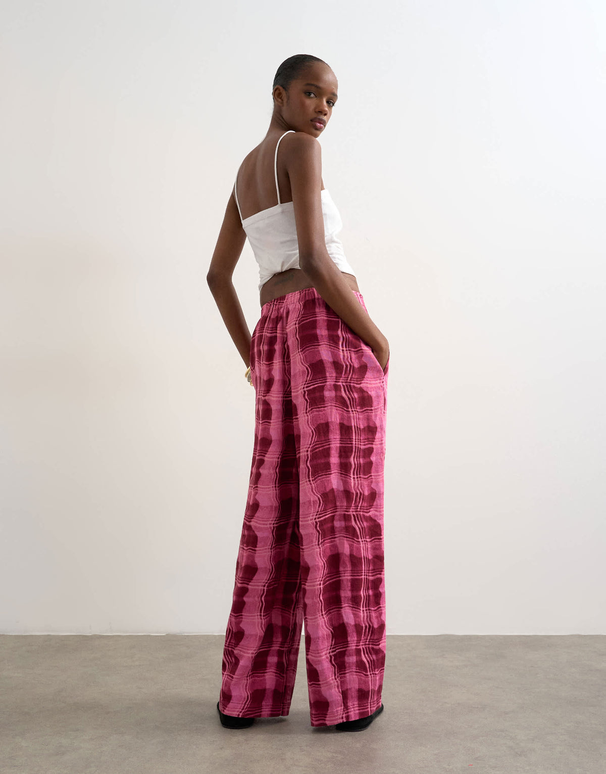 Topshop linen balloon trouser with tie waist in pink check