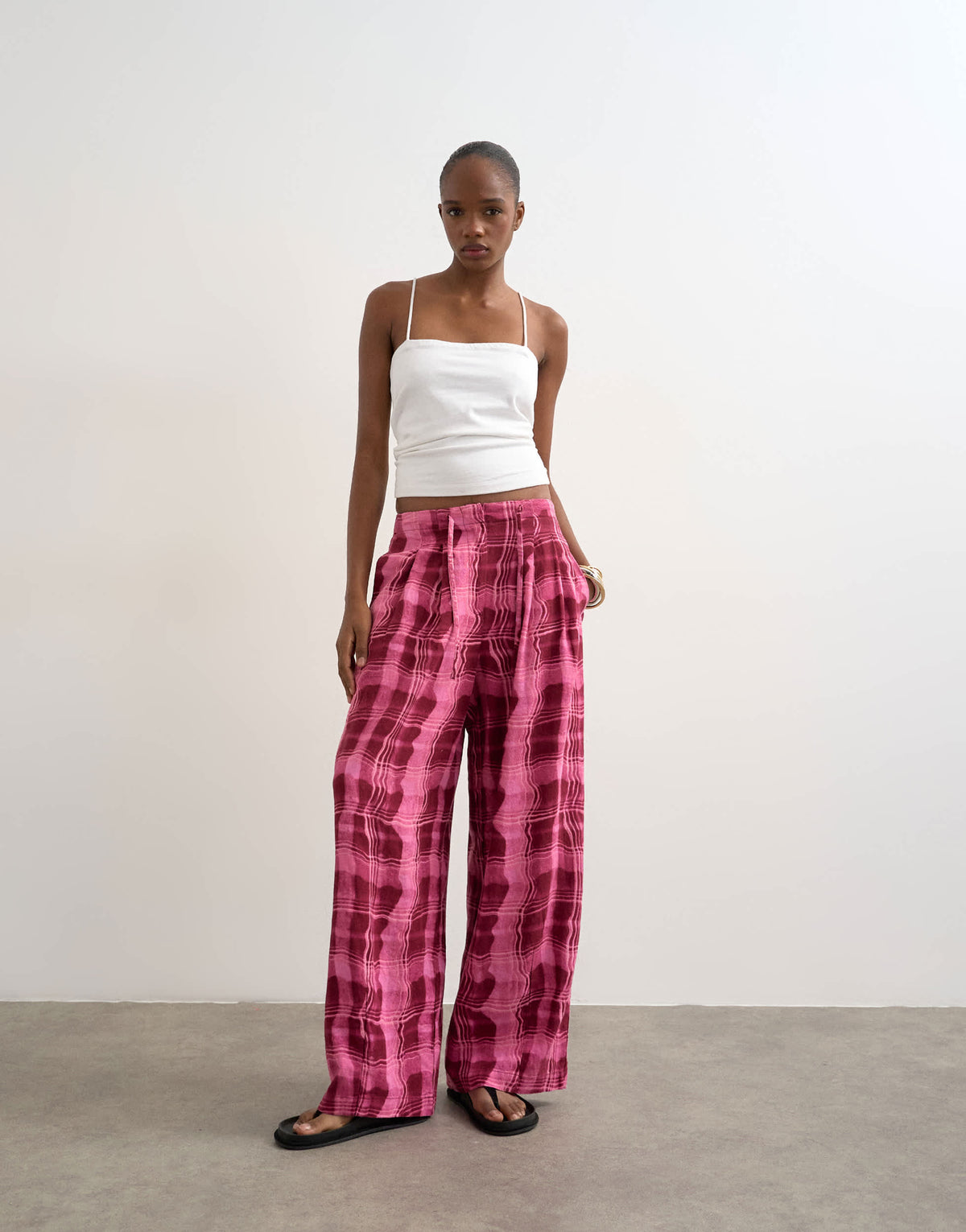 Topshop linen balloon trouser with tie waist in pink check