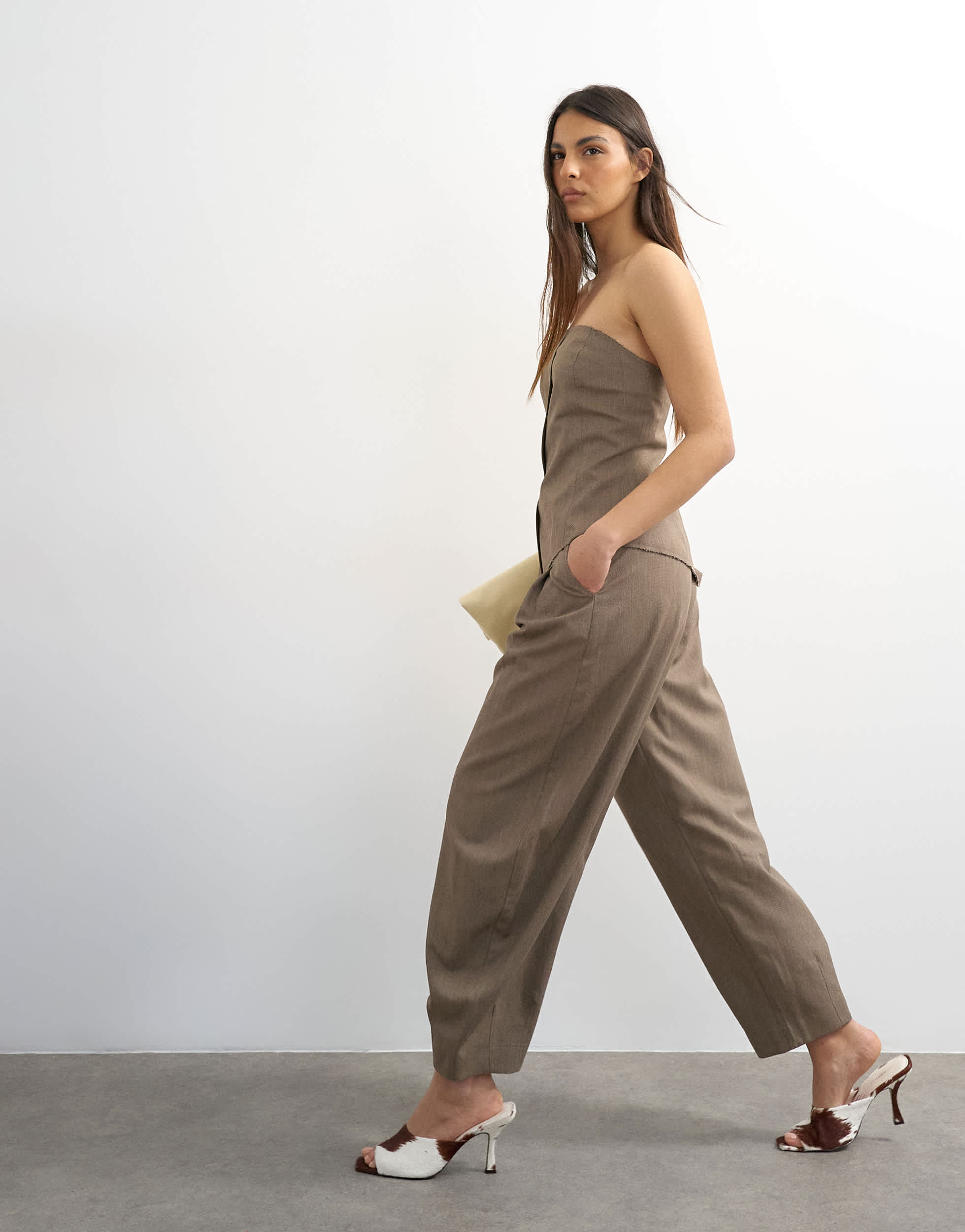 Topshop co ord raw hem barrel leg tailored trouser in brown