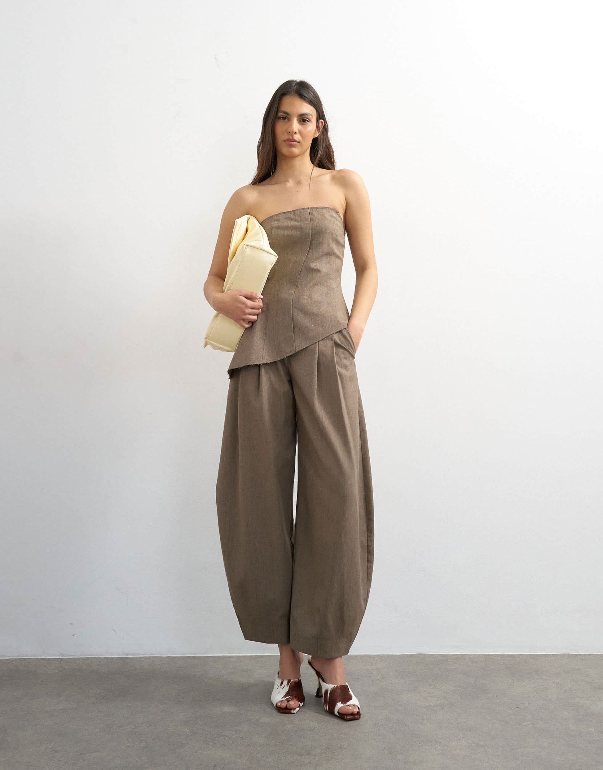 Topshop co ord raw hem barrel leg tailored trouser in brown