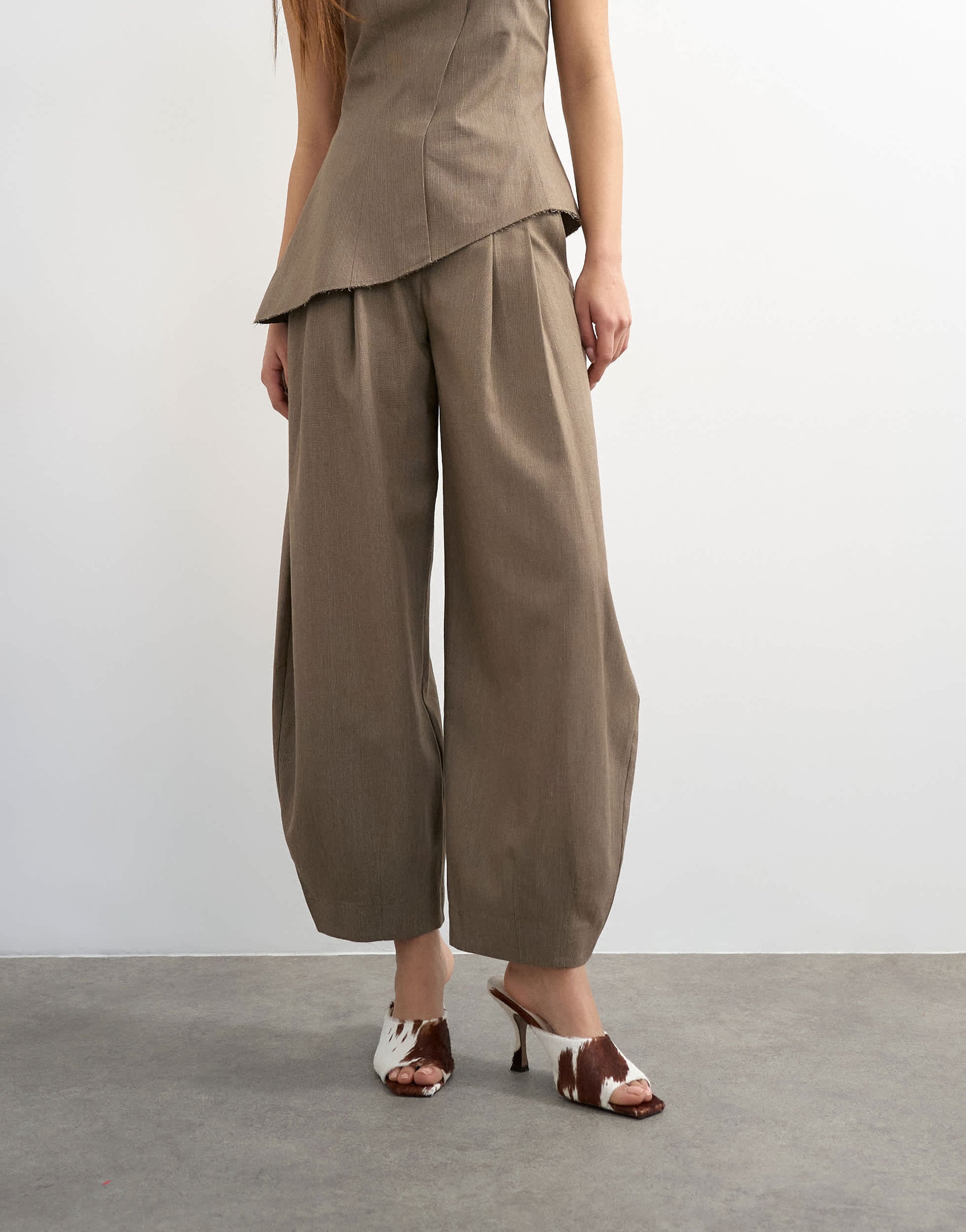 Topshop co ord raw hem barrel leg tailored trouser in brown