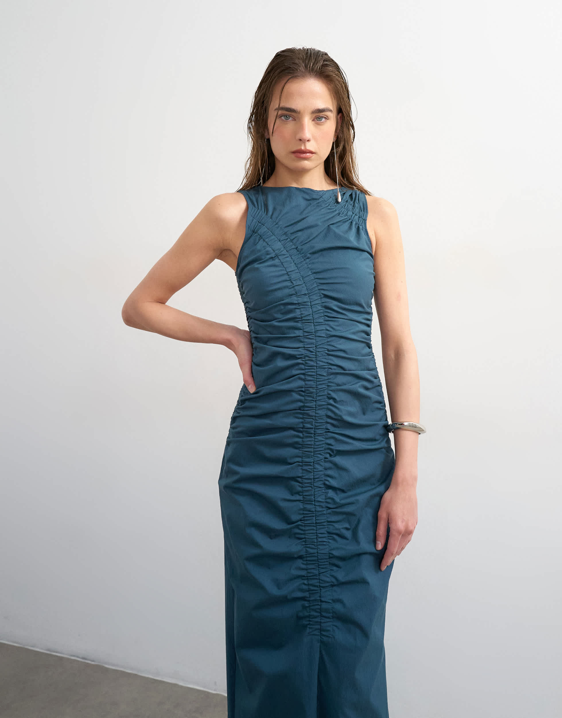 Topshop ruched sleeveless midi dress in navy
