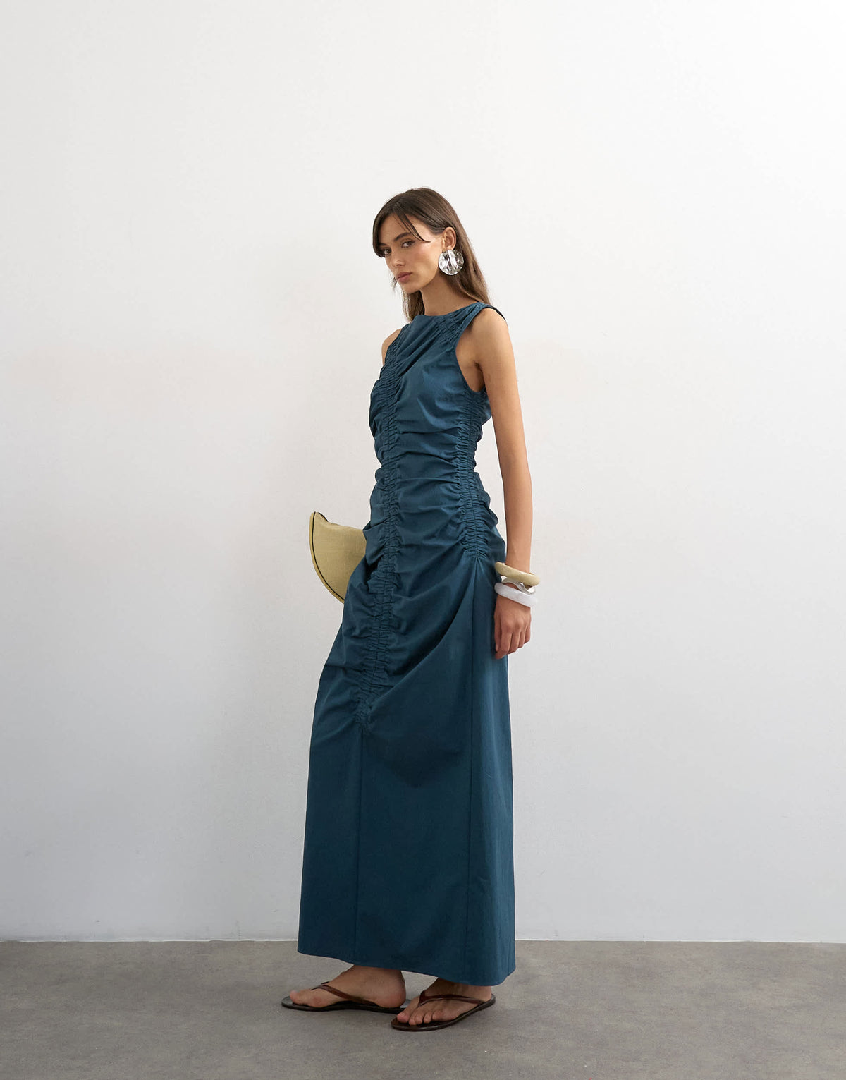 Topshop ruched sleeveless midi dress in navy