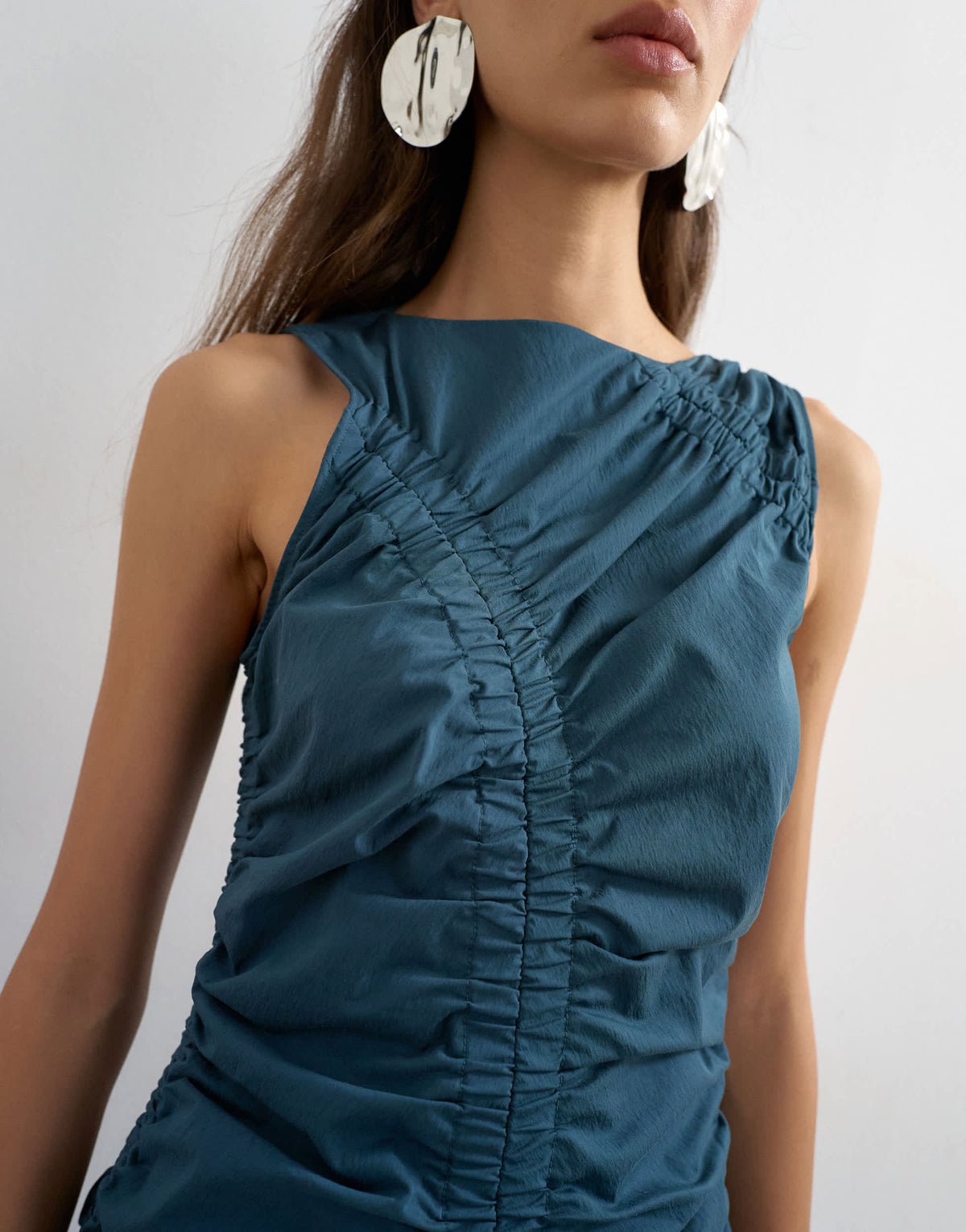 Topshop ruched sleeveless midi dress in navy