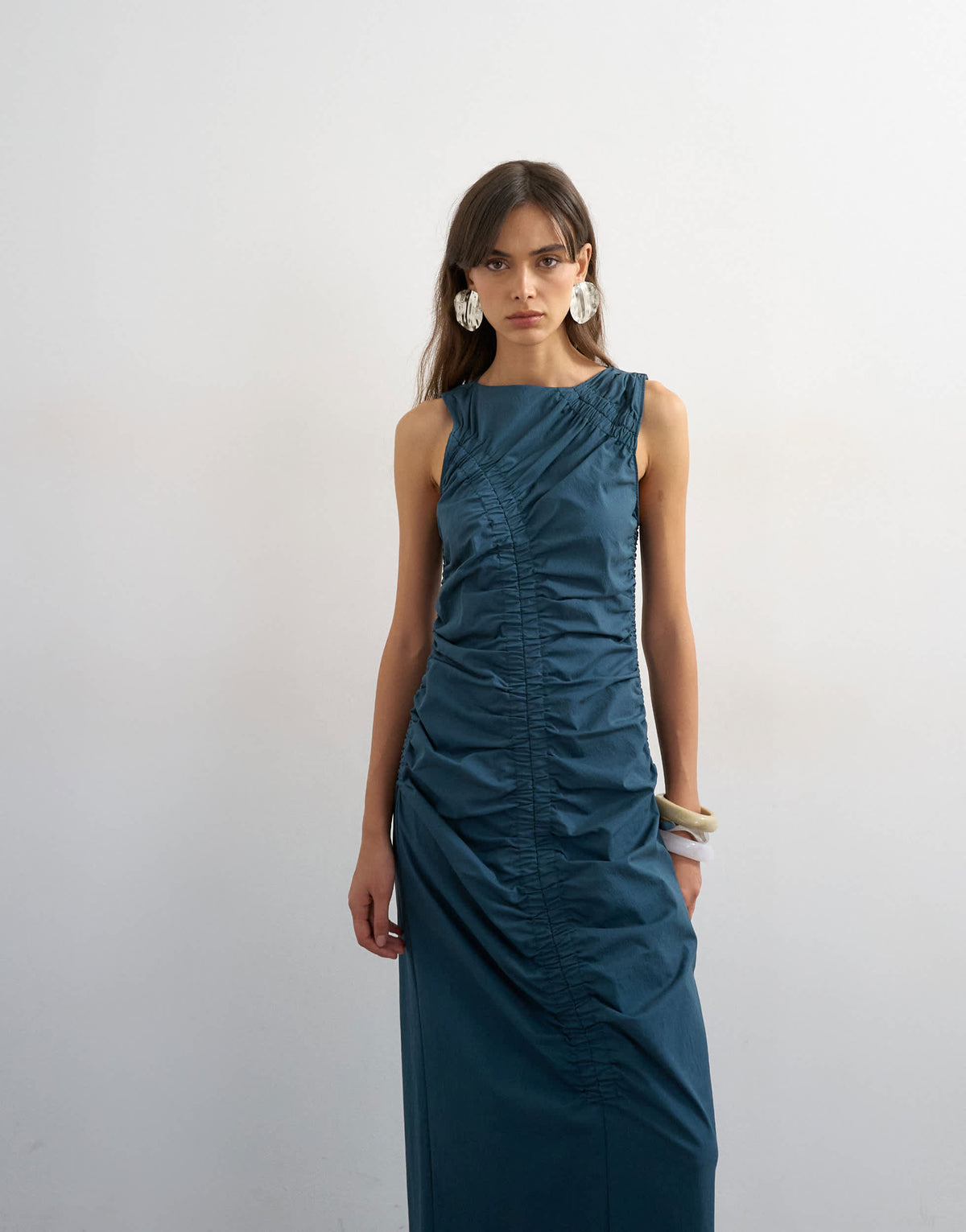 Topshop ruched sleeveless midi dress in navy