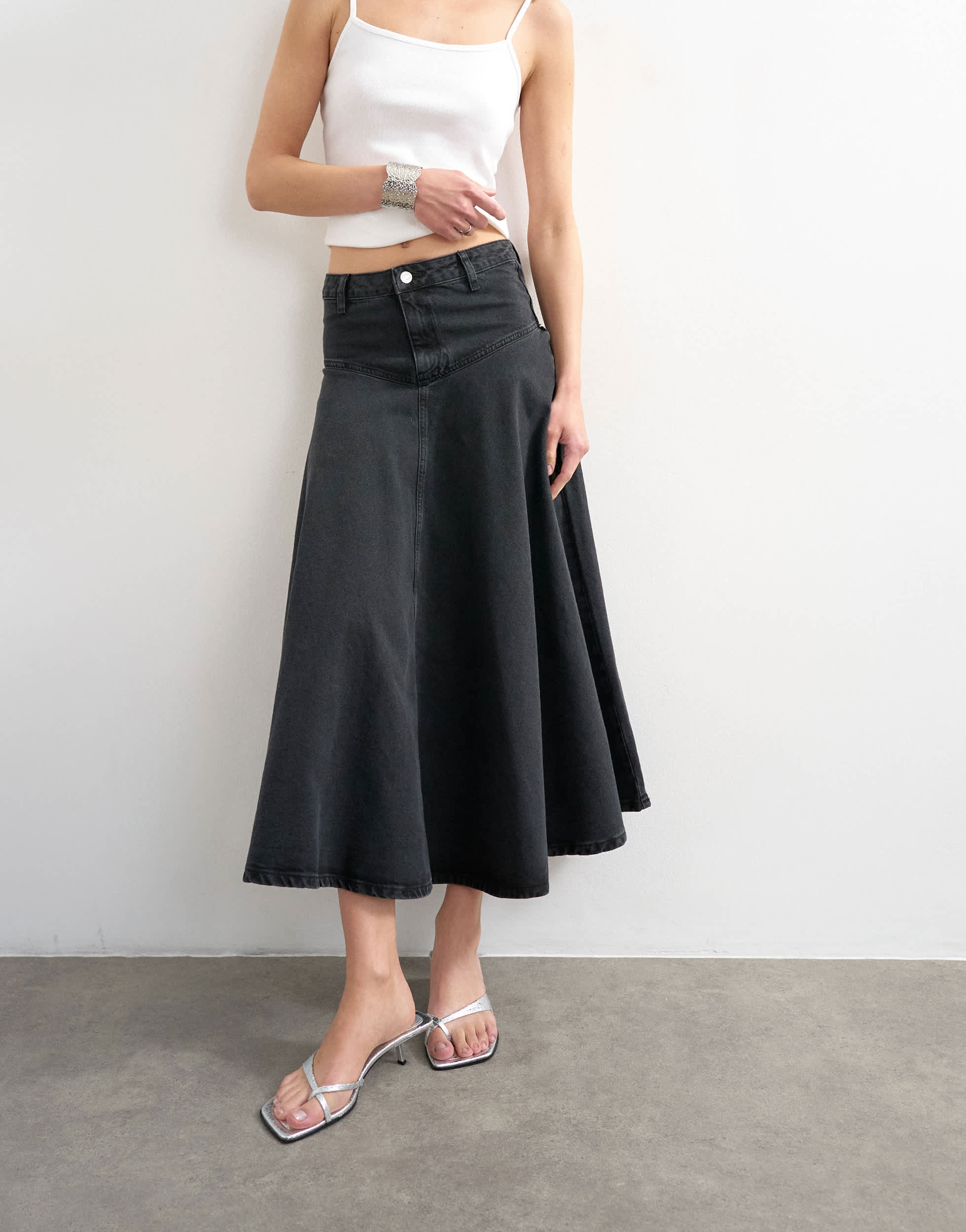Topshop denim yoke front maxi skirt in washed black