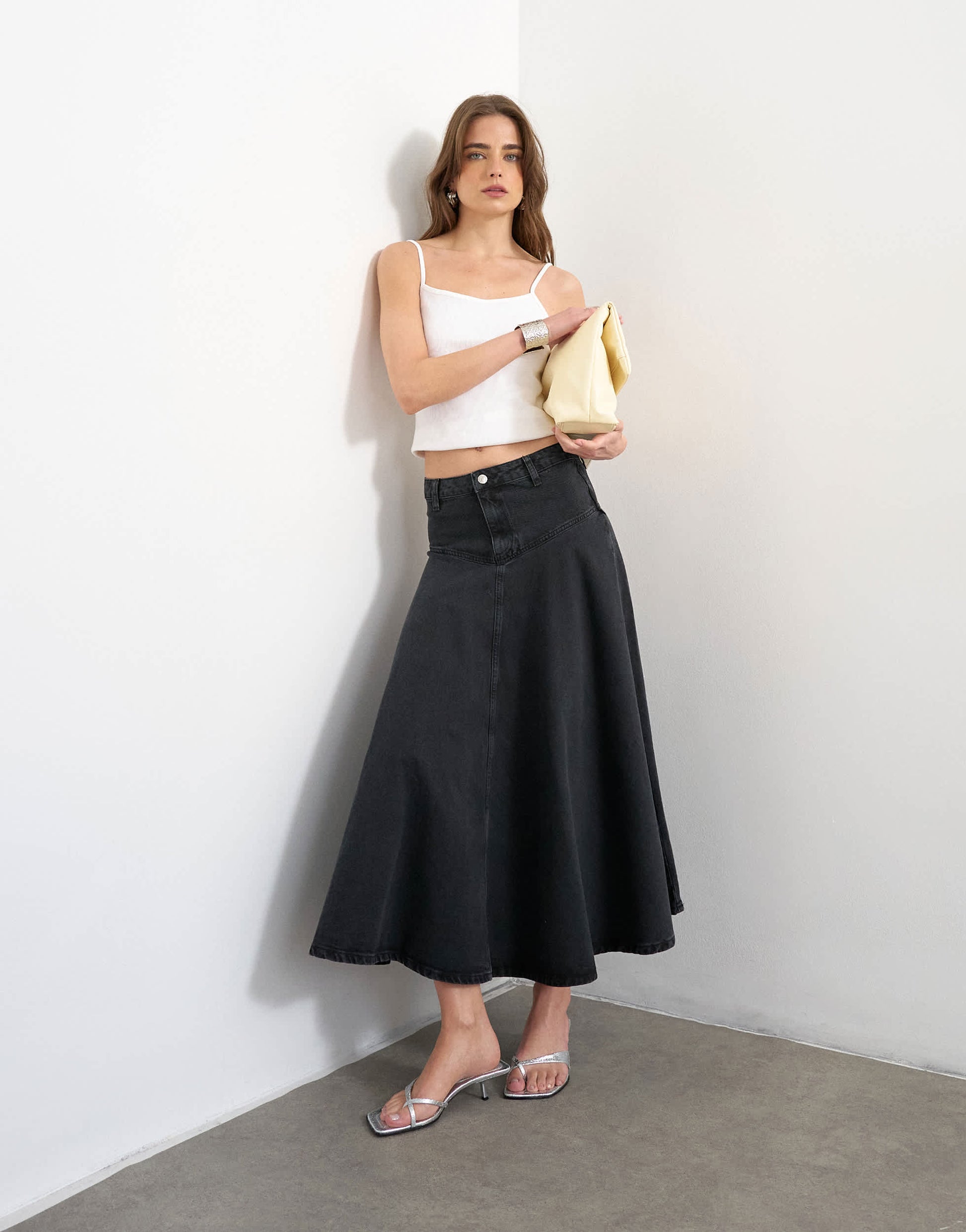 Topshop denim yoke front maxi skirt in washed black