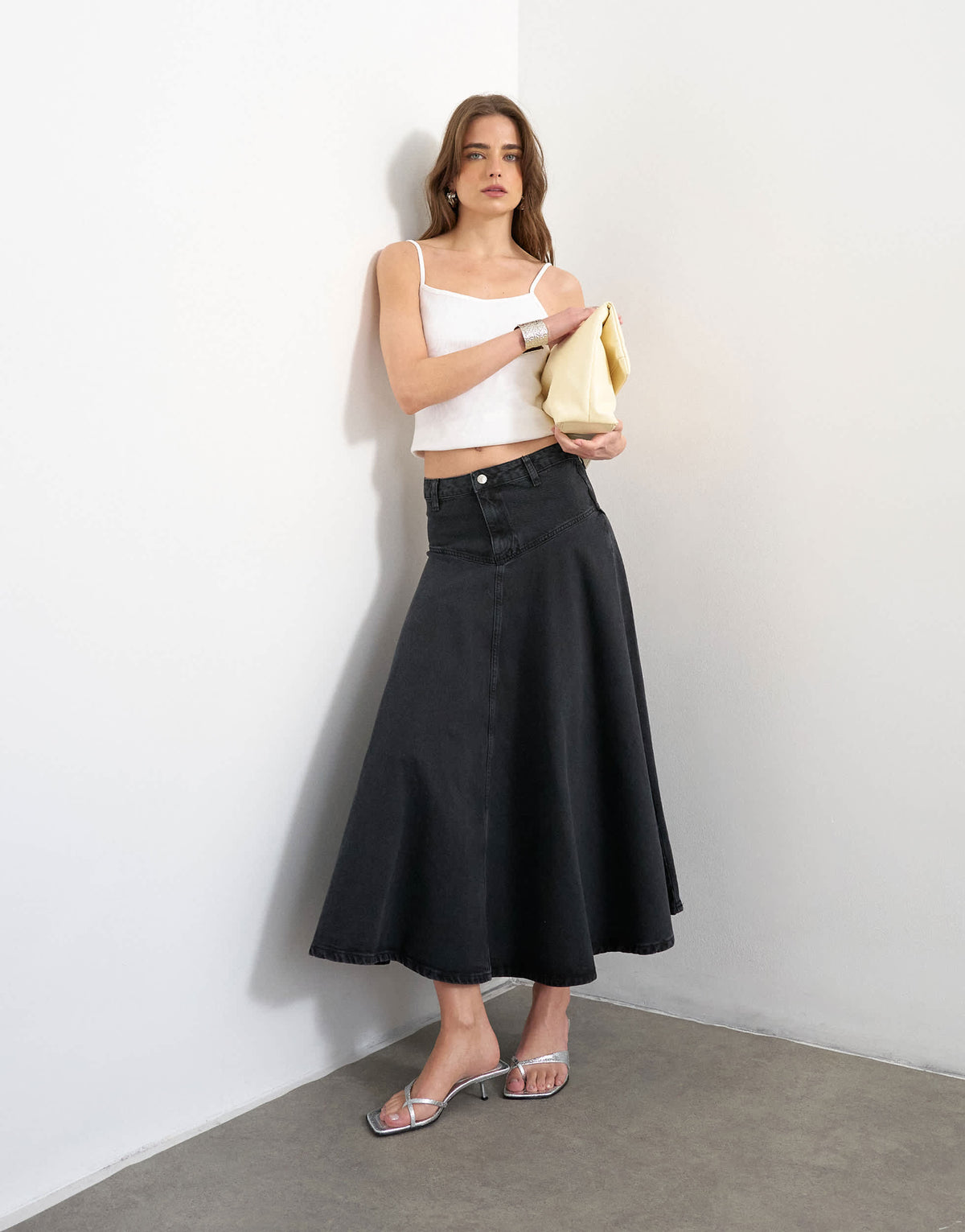 Topshop denim yoke front maxi skirt in washed black