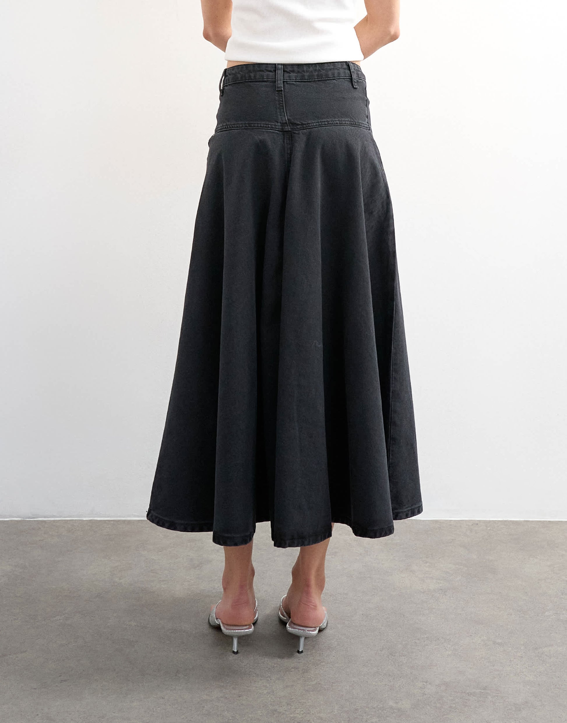 Topshop denim yoke front maxi skirt in washed black