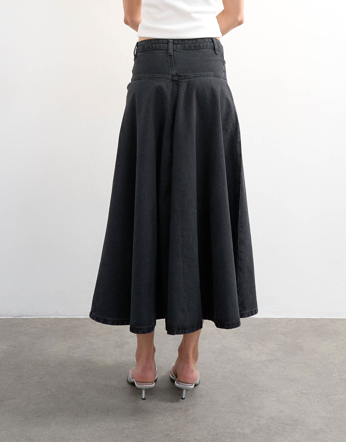 Topshop denim yoke front maxi skirt in washed black