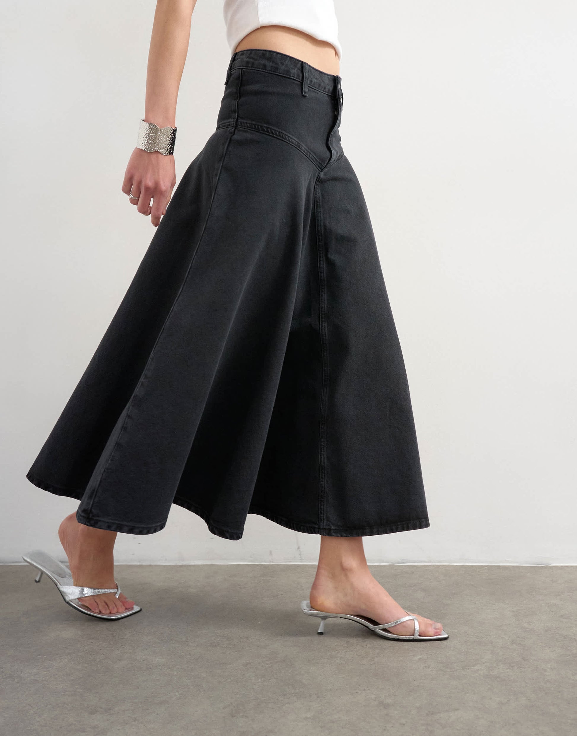 Topshop denim yoke front maxi skirt in washed black
