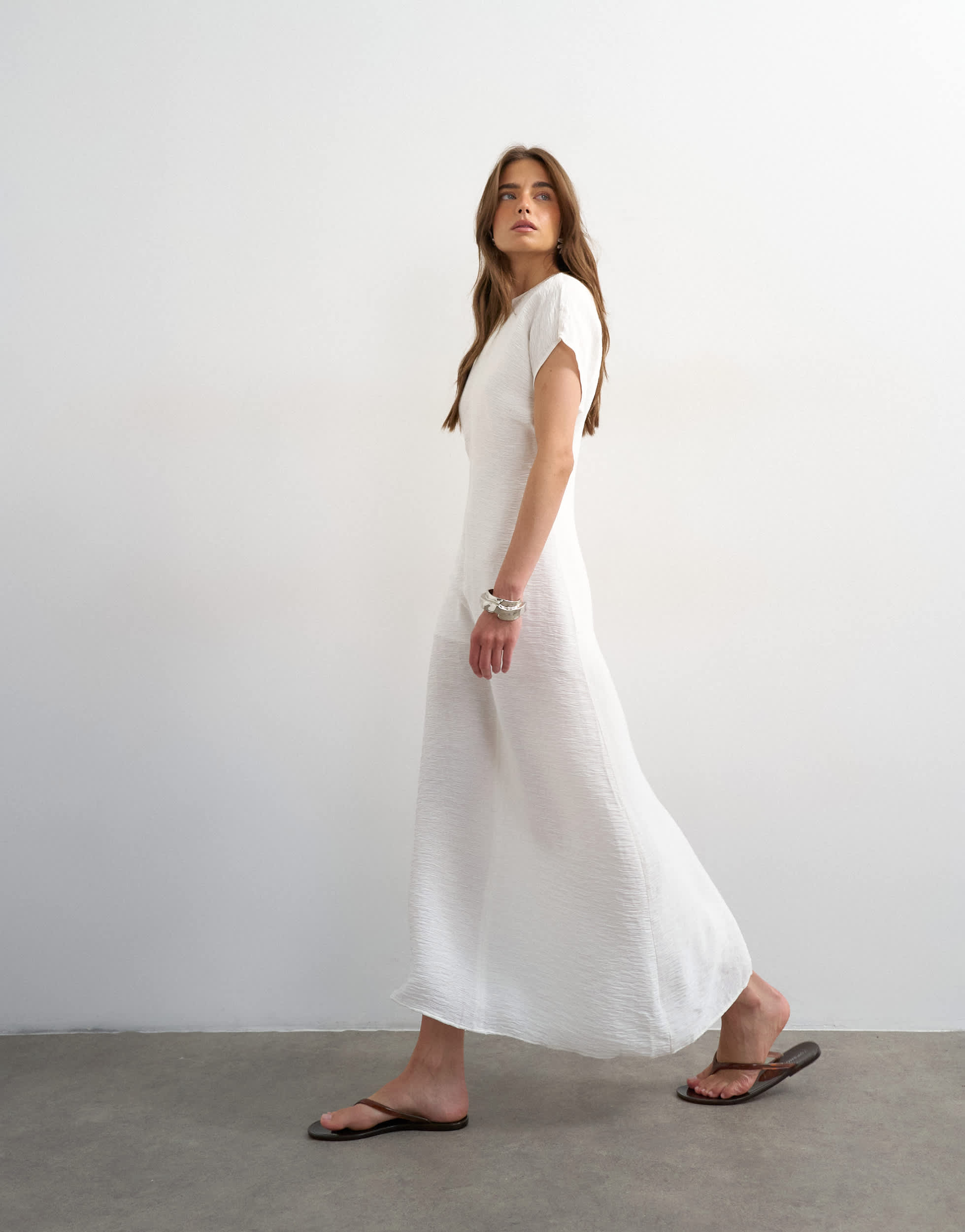Topshop drop shoulder blouson waist crinkle maxi dress in white