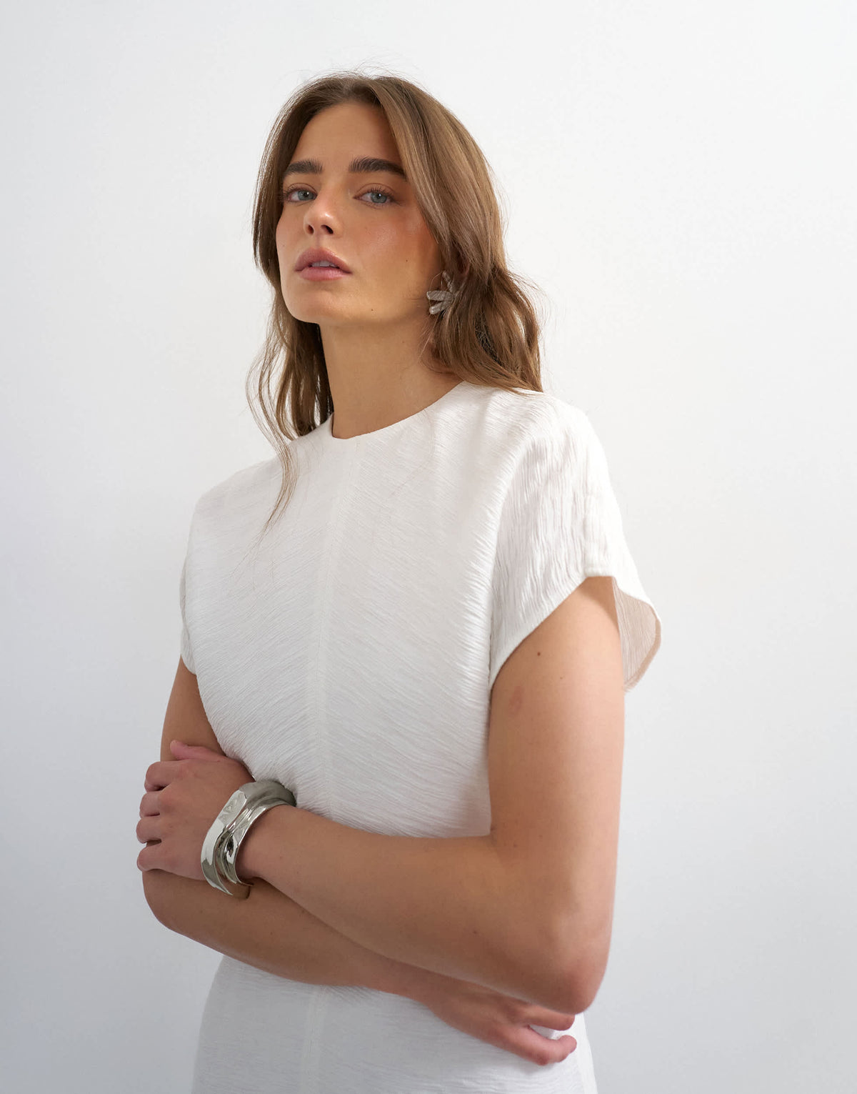 Topshop drop shoulder blouson waist crinkle maxi dress in white