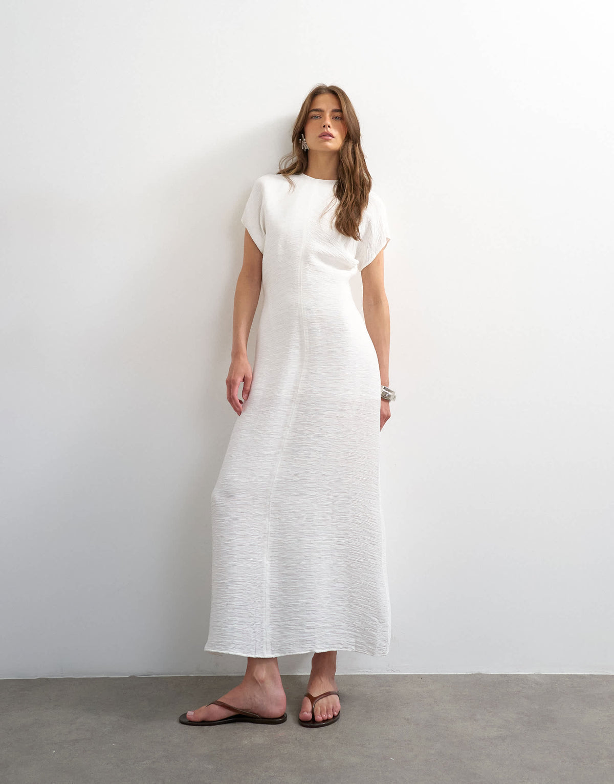 Topshop drop shoulder blouson waist crinkle maxi dress in white