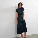 Topshop drop shoulder blouson waist crinkle maxi dress in navy