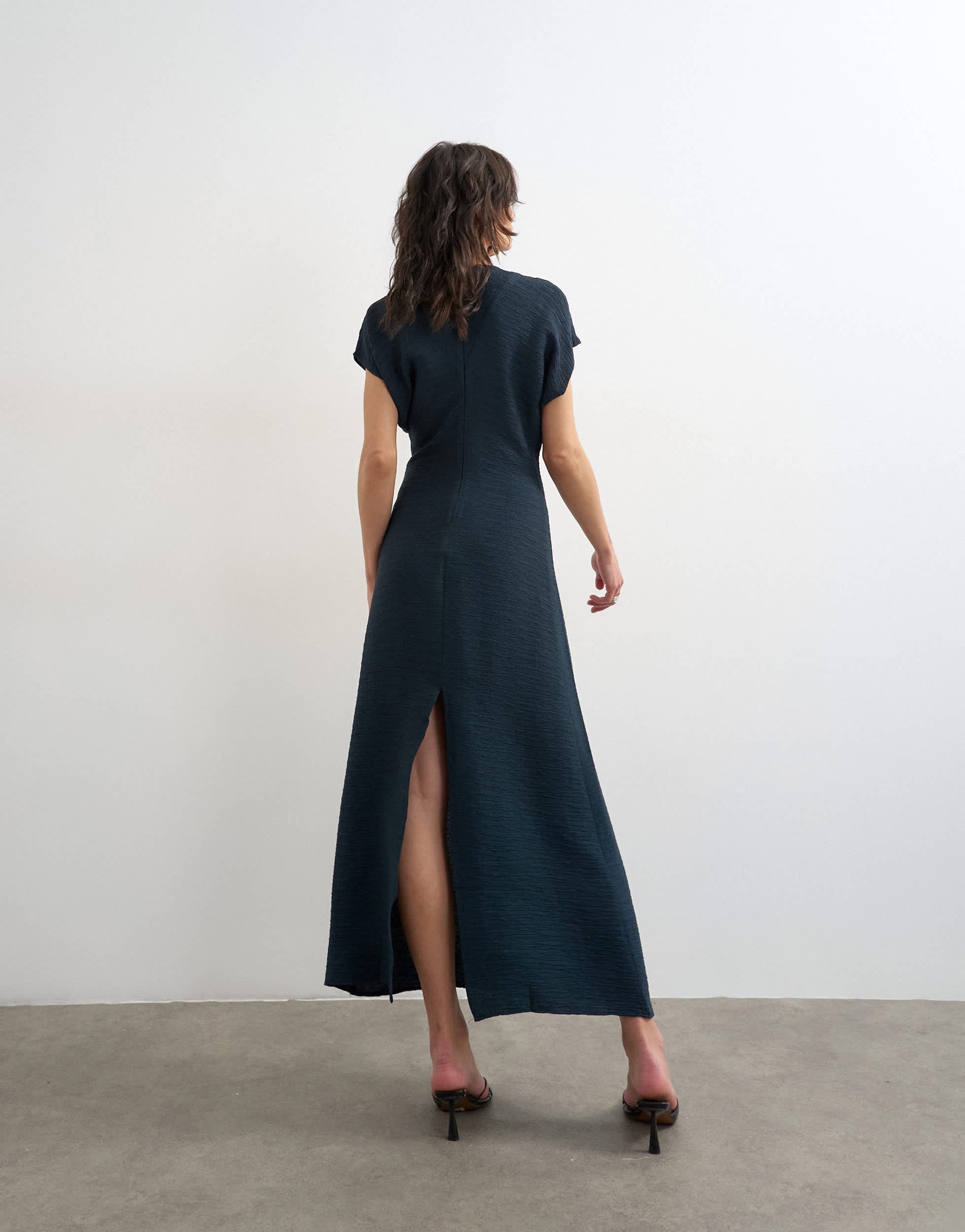 Topshop drop shoulder blouson waist crinkle maxi dress in navy