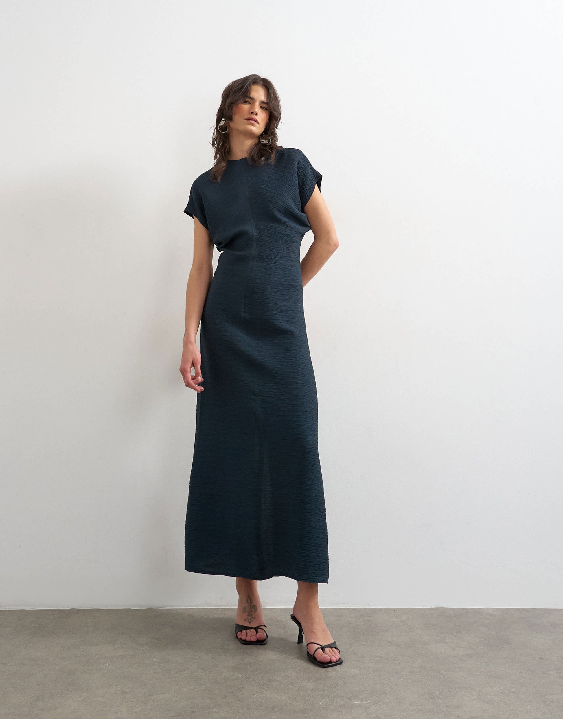 Topshop drop shoulder blouson waist crinkle maxi dress in navy