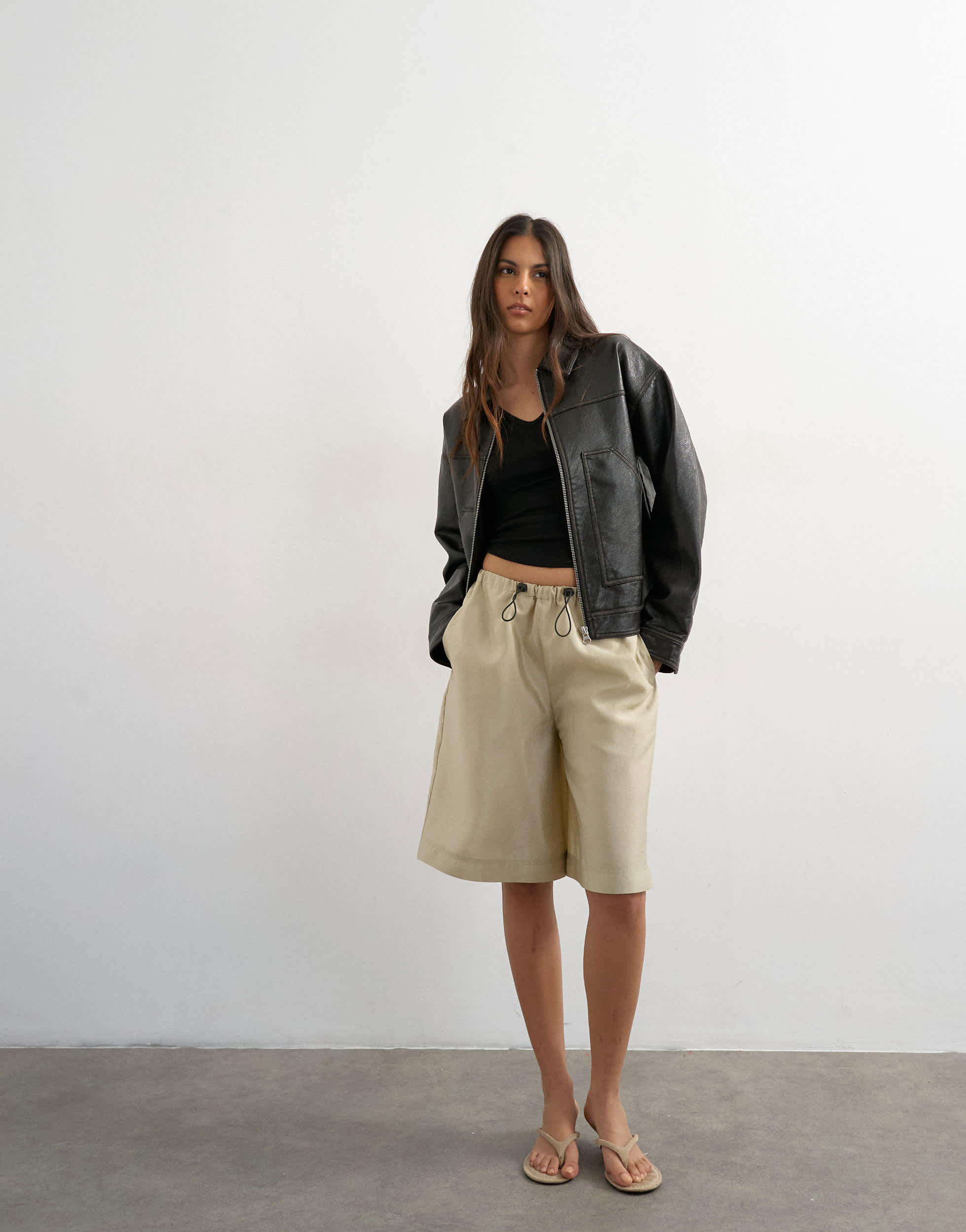 Topshop faux leather zip through jacket with patch pockets in washed black