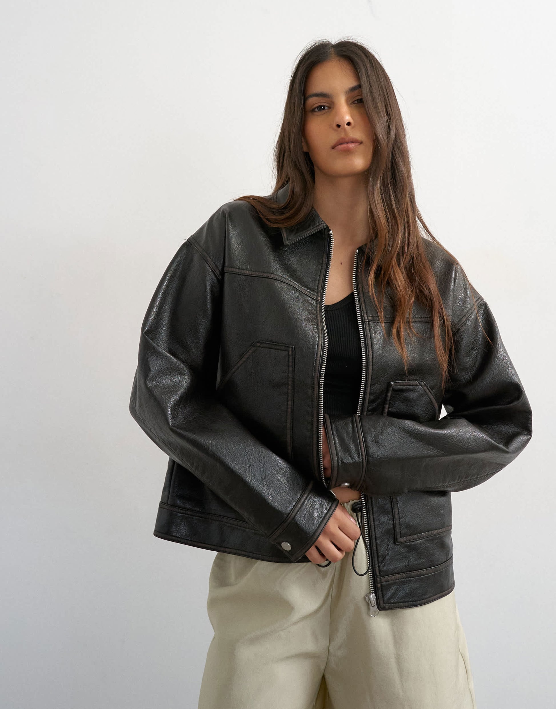 Topshop faux leather zip through jacket with patch pockets in washed black