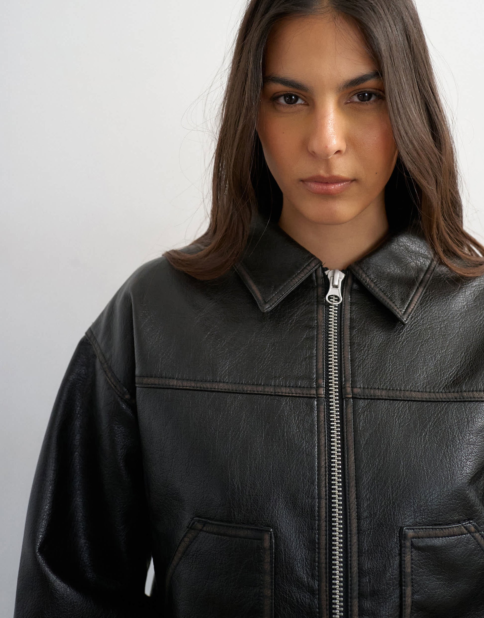 Topshop faux leather zip through jacket with patch pockets in washed black