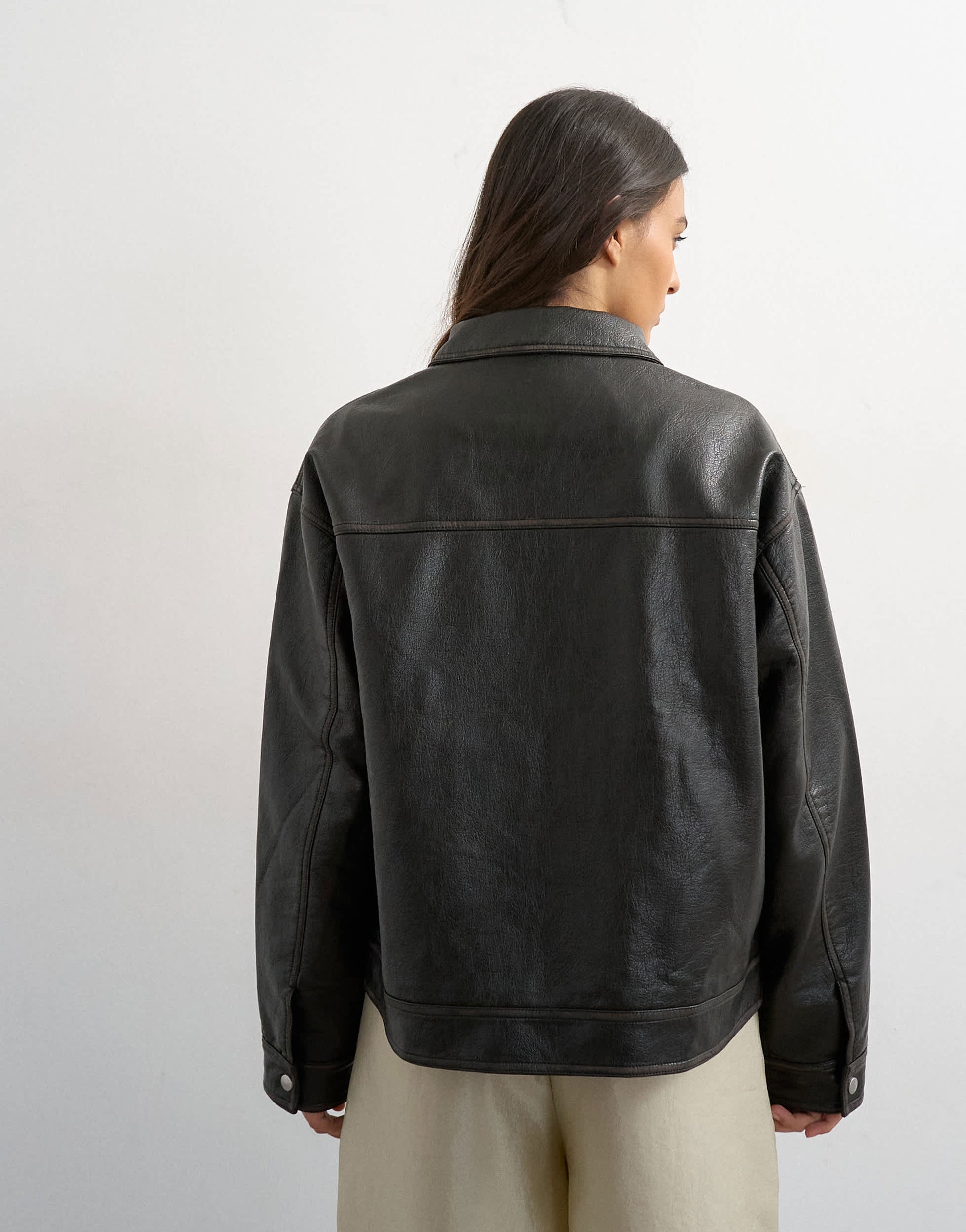 Topshop faux leather zip through jacket with patch pockets in washed black