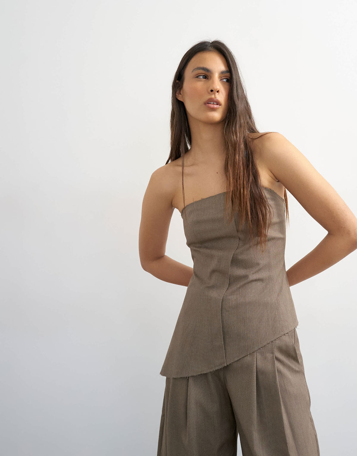 Topshop co ord asymmetric raw hem bandeau in brown
