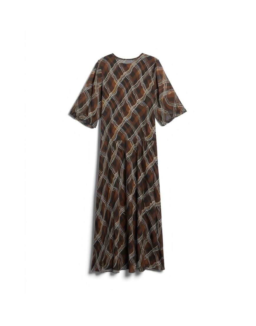 Topshop curved waistband chiffon t-shirt maxi dress in brown warped check print